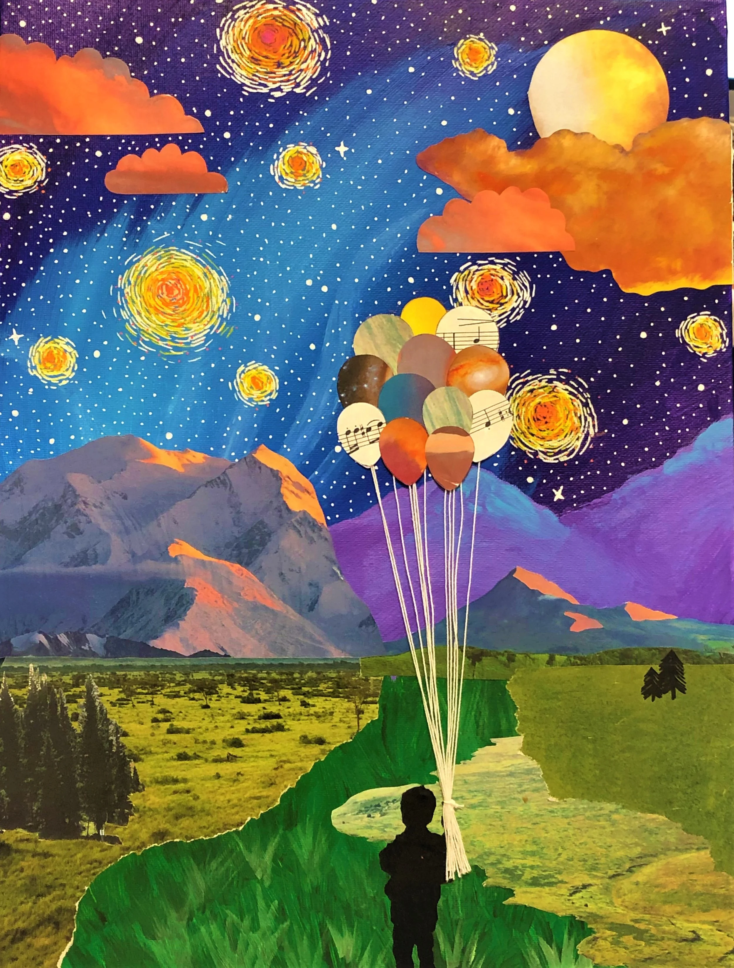 Celestial, Acrylic, magazine cutouts, white string, and POSCA pens on flat canvas, 12 x 16.5 in, 2018