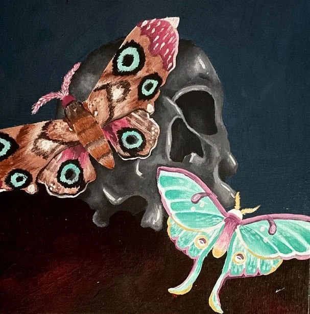 Skull and Moths, Acrylic on flat canvas, 8 x 8 in, 2021