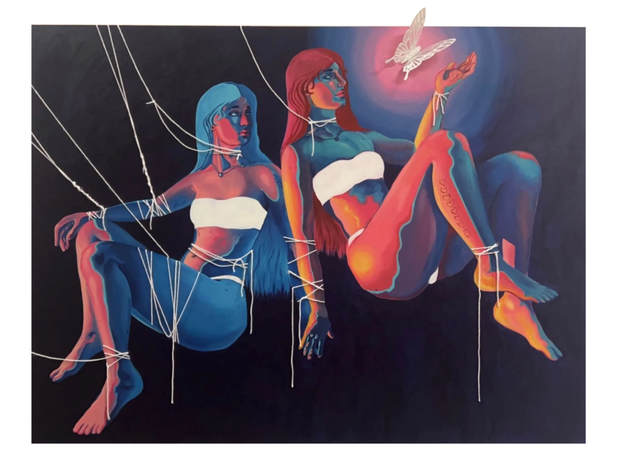 And in the Middle of my Chaos, there was You, Acrylic, white yarn, cardboard, plastic bag, and white gesso on canvas, 36 x 48 in, 2023, $800