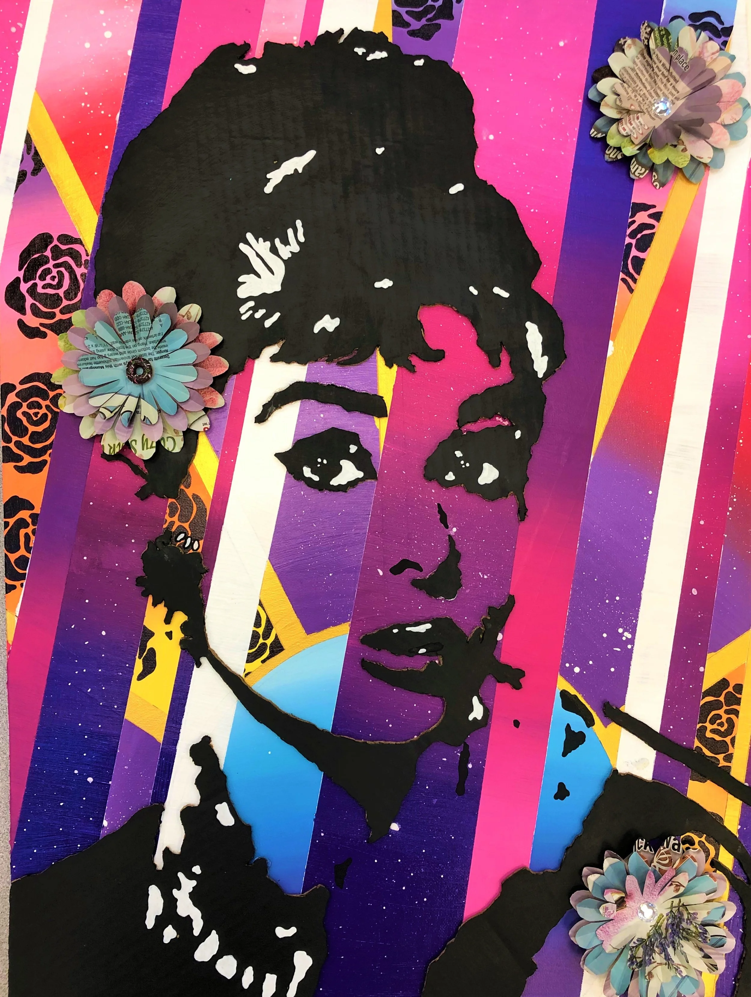Timeless Beauty, Acrylic, cardboard, magazine pages, donut buttons, and POSCA pens on flat canvas, 18 x 24 in, 2019, $450