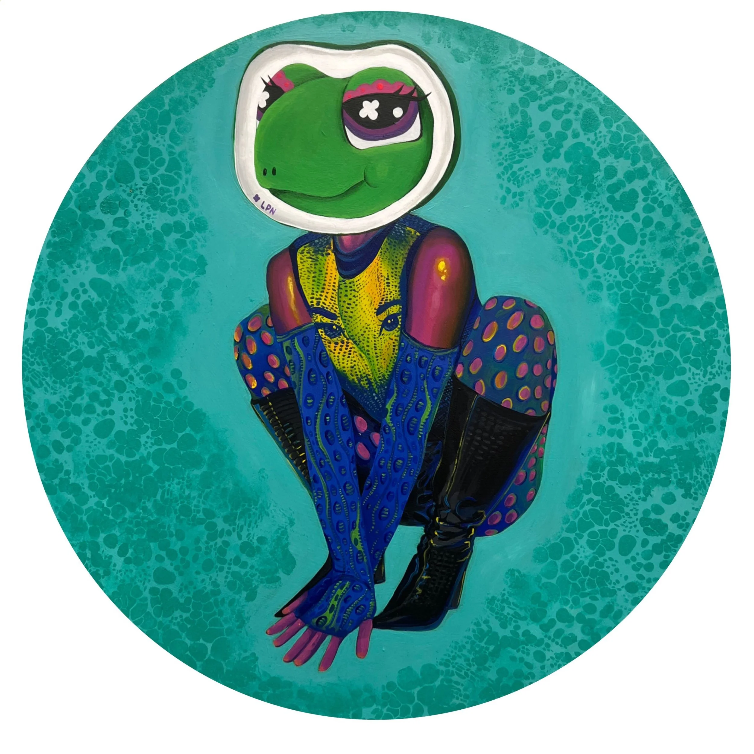 Amphibiously Hot, Acrylic on canvas, 20 in. diameter, 2024, $350