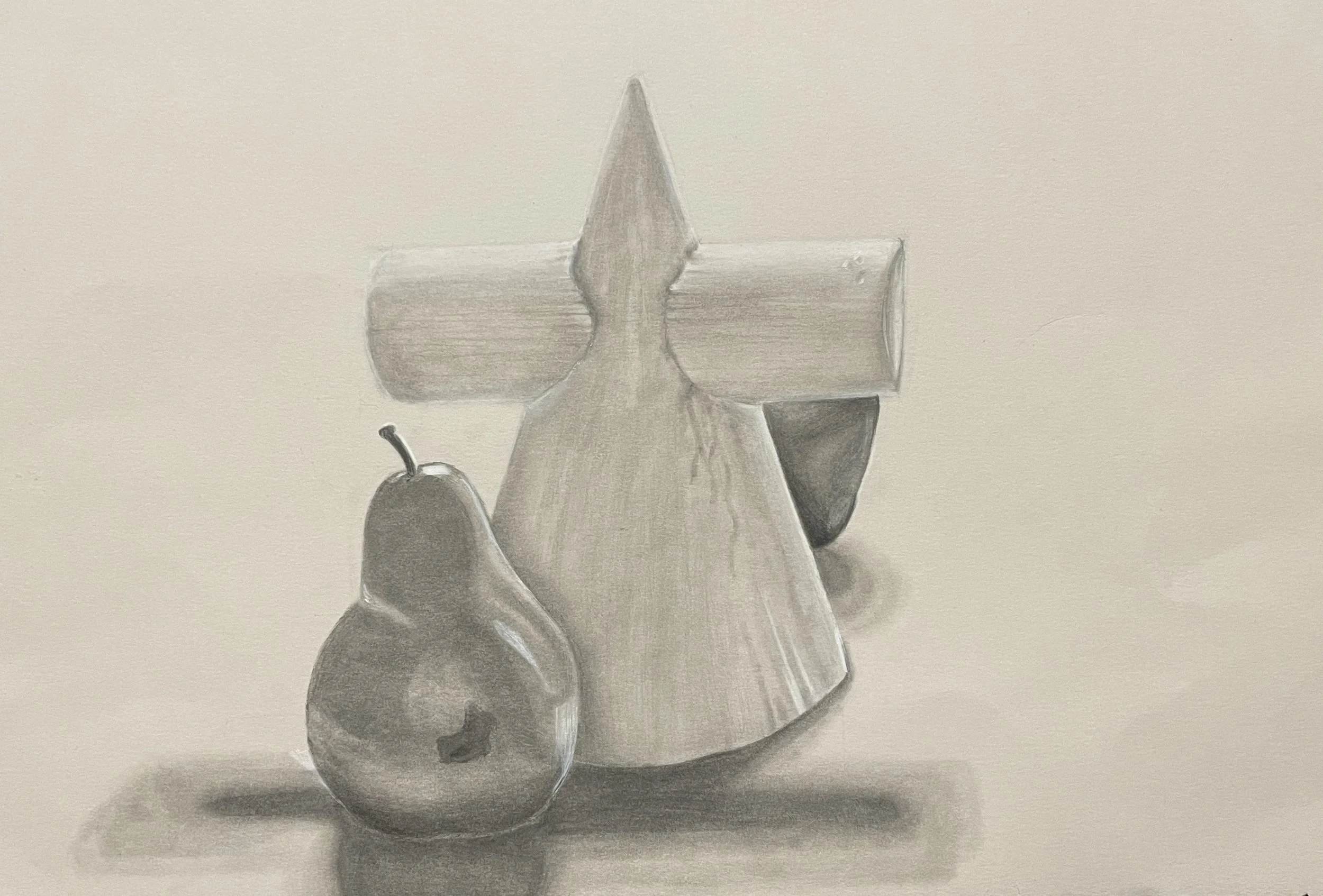 Pyramid and Fruit II (study), Charcoal and white Conte crayon on gray scaled paper, 11 x 15 in, 2021