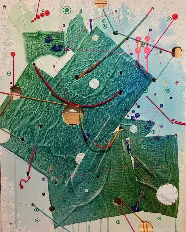 And they were Roommates!, Watered down acrylic, paper towels, colored yarn, fishing wire, and POSCA pens on canvas, 24 x 30 in, 2024, $350