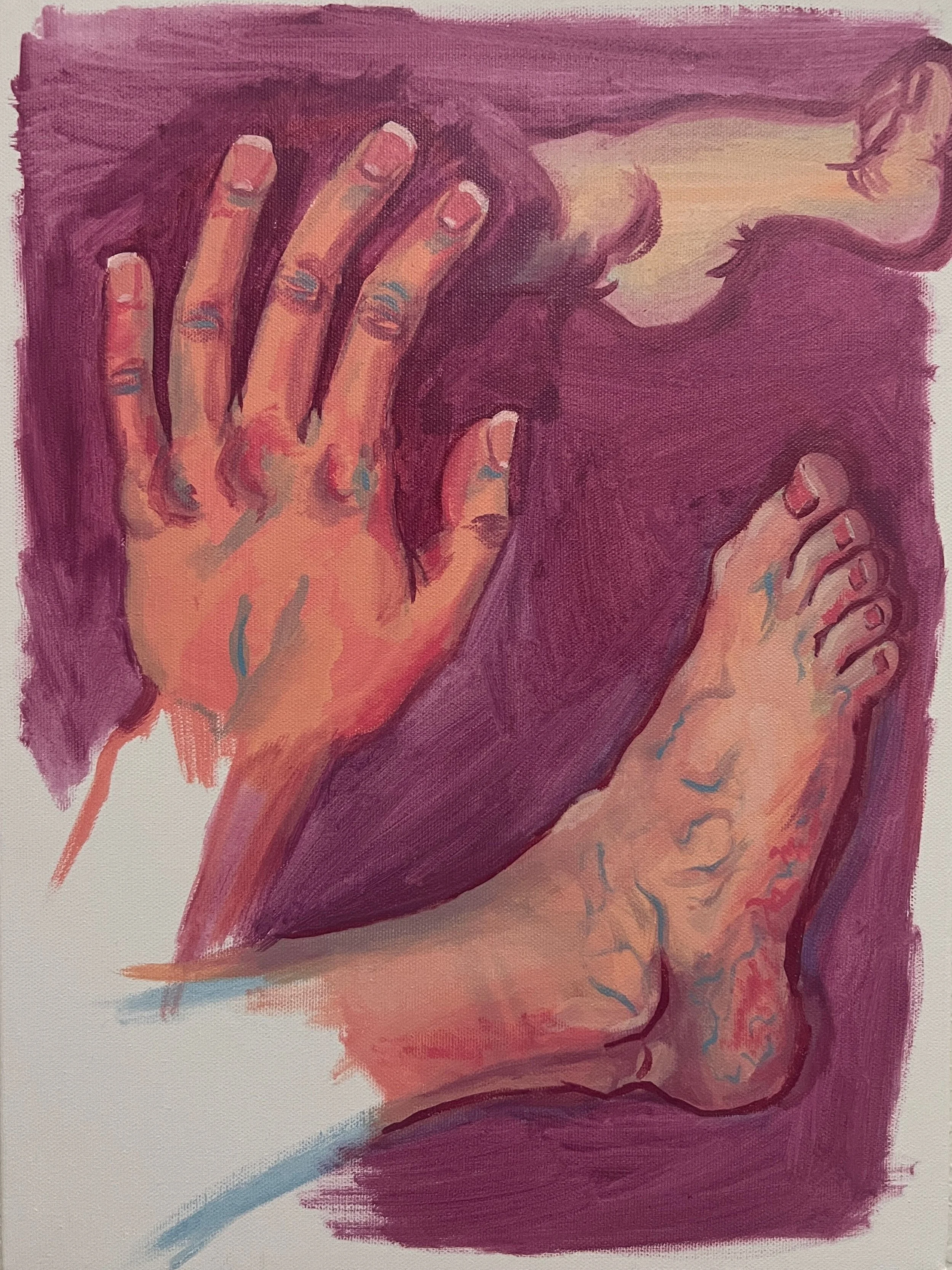 Hands and Feet (study), Acrylic on canvas, 12 x 16 in, 2023