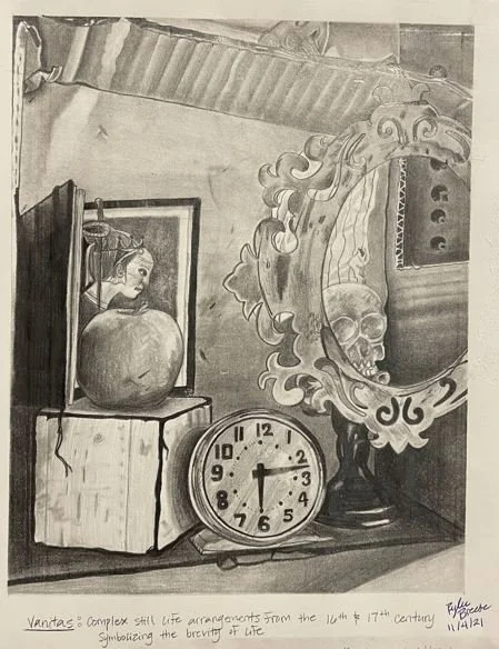 Vanita (study), Graphite pencils and vine charcoal on gray scaled paper, 11 x 14 in, 2021