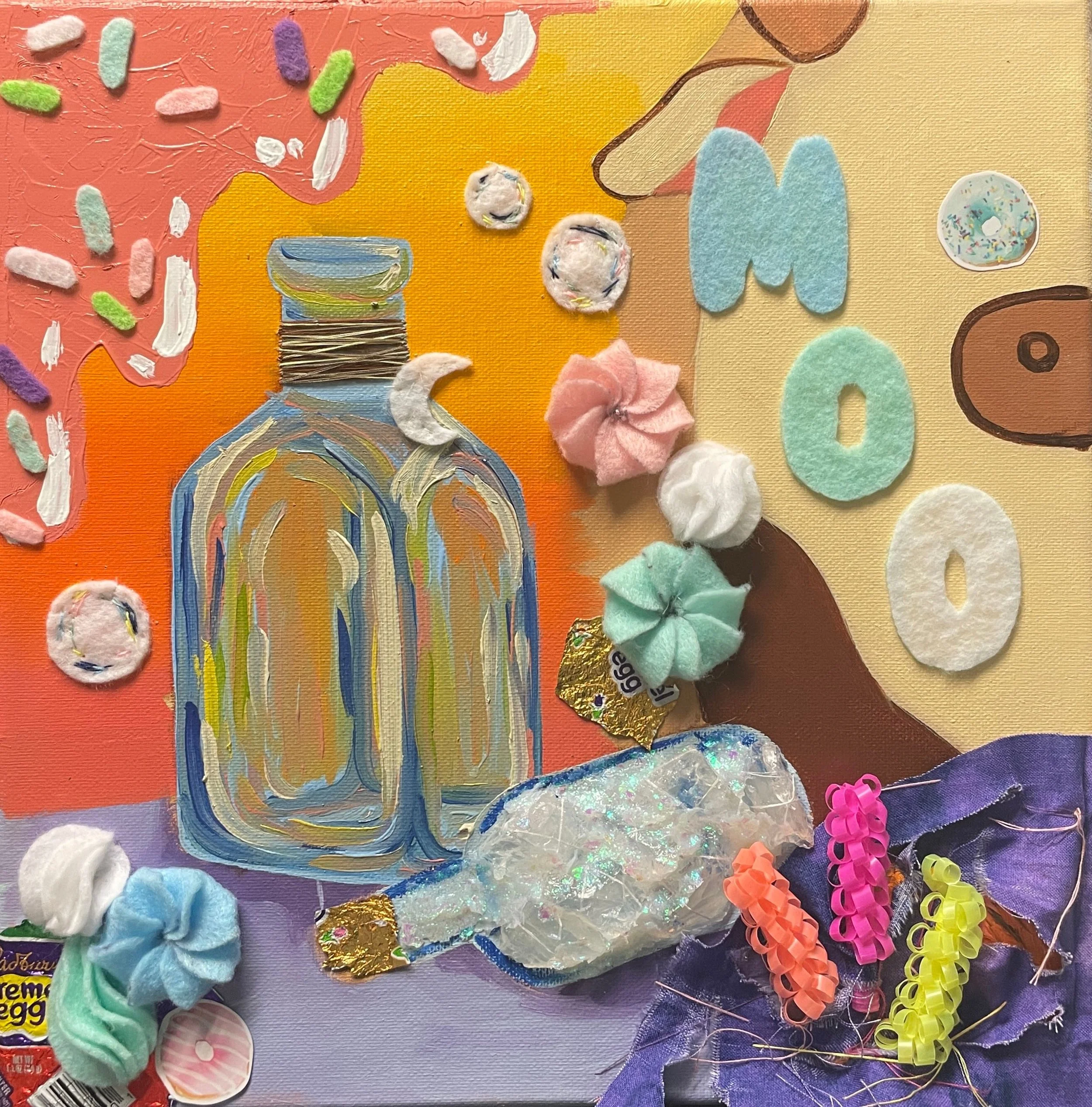 Demia multi-media, Oil, acrylic, felt, twine, white string, candy wrapper, fake crystals, glitter paste, donut stickers, straw flowers, and purple fabric on canvas, 12 x 12, 2021