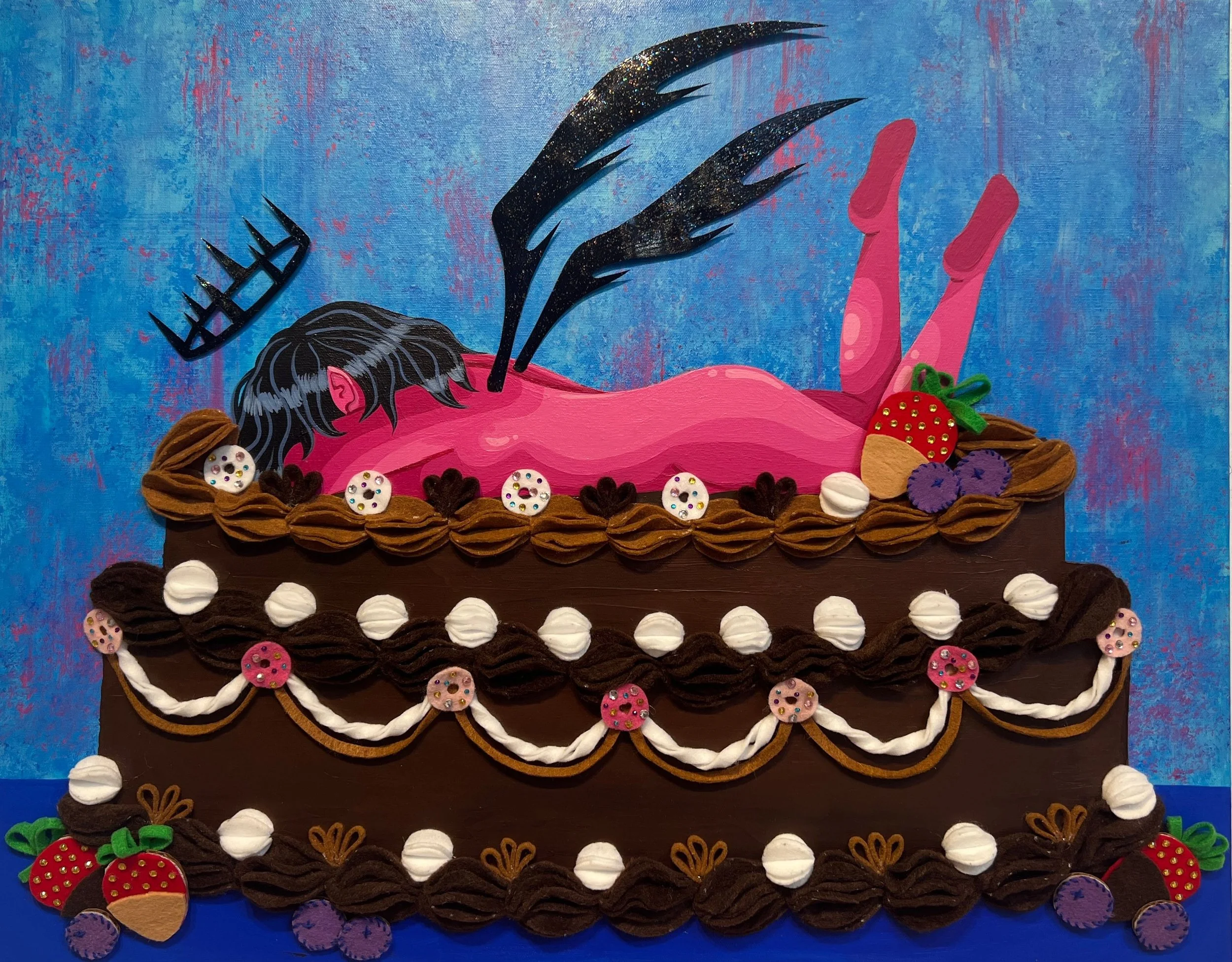 Devil's Food Cake, Acrylic, YUPO paper, glitter gesso, rhinestones, felt, and cardboard on canvas, 22 x 28 in, $500