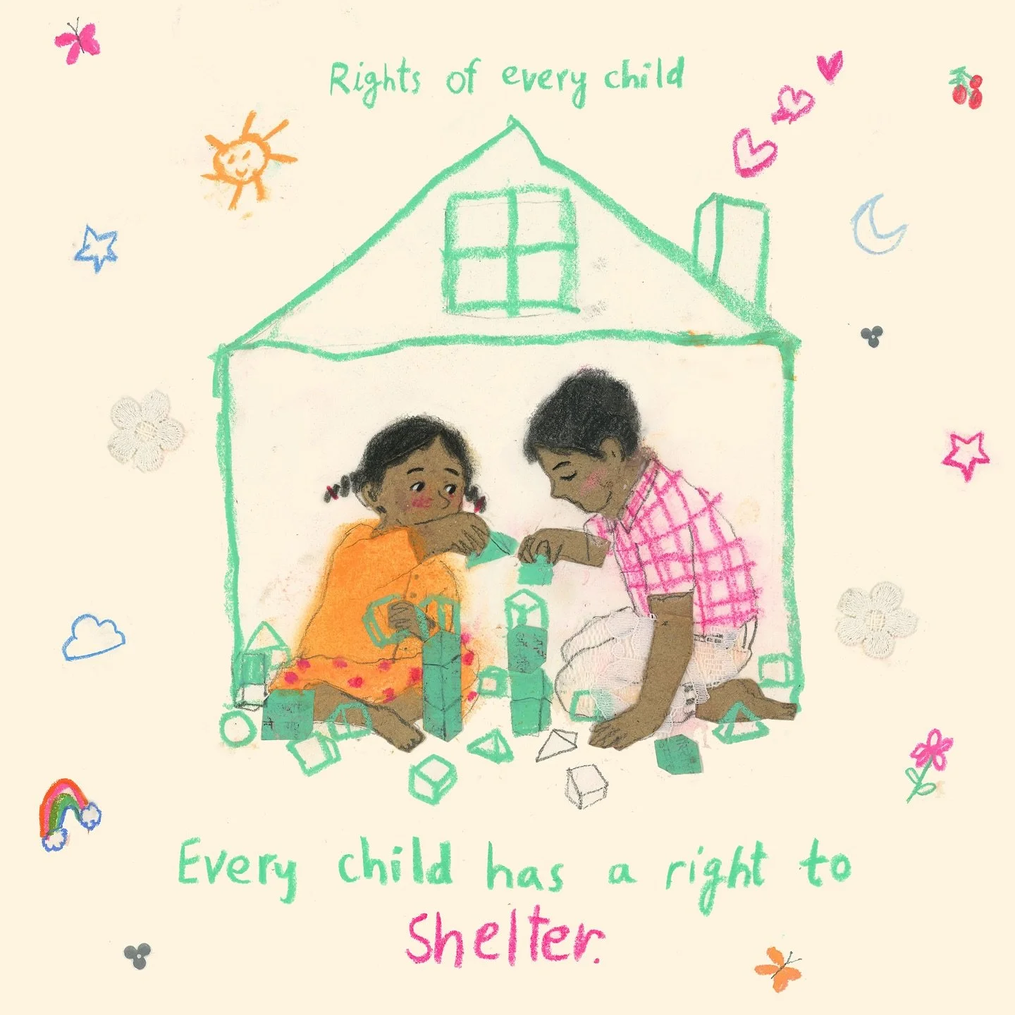 From the artist @_anandaditi Aditi Anand: &ldquo;Every child deserves a safe place to grow and dream - a place they can always come back to.&ldquo;

[image description: a colorful pastel, simple drawing of two children playing with blocks inside a sk
