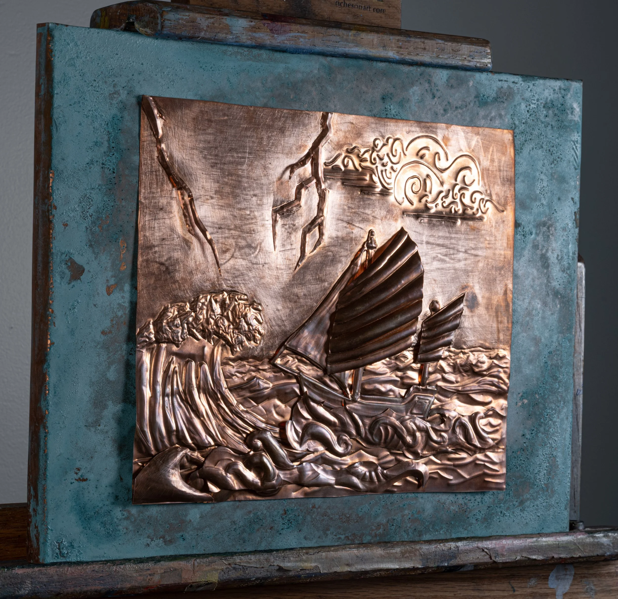 Copper sheet, chasing/repoussé tools, wood, chemical reagents, 11" x 14" x 1.5"