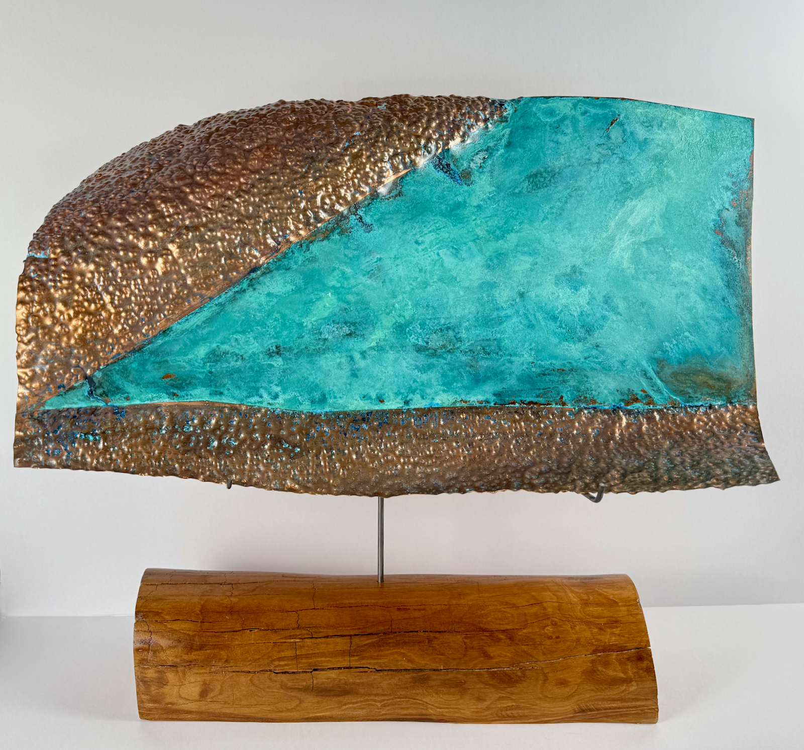 Copper sheet, chemical reagents, found Japanese maple log, steel rods, 24" x 27" x 12"