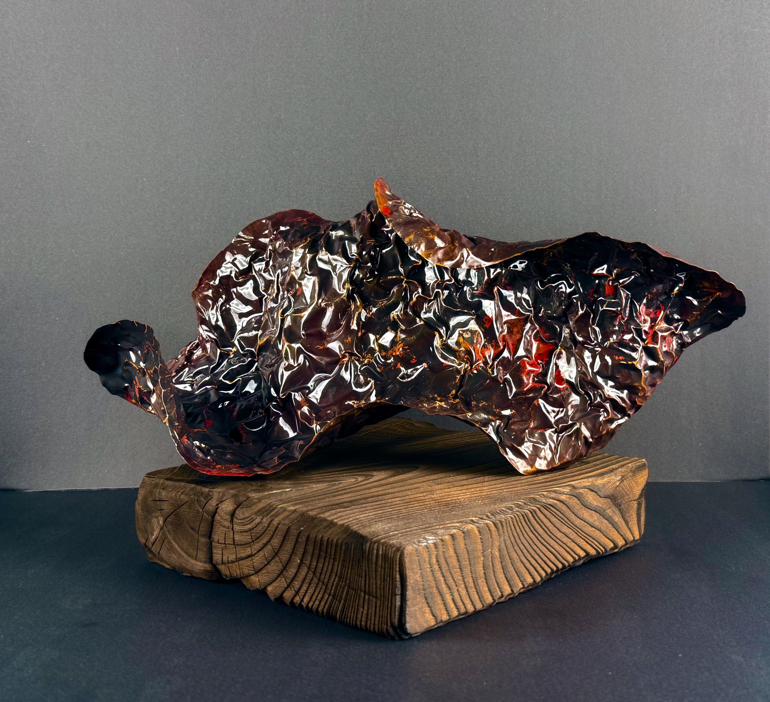 Copper sheet, fire patina, spruce wood, Shou Sugi Ban technique, 8" x 15" x 9"