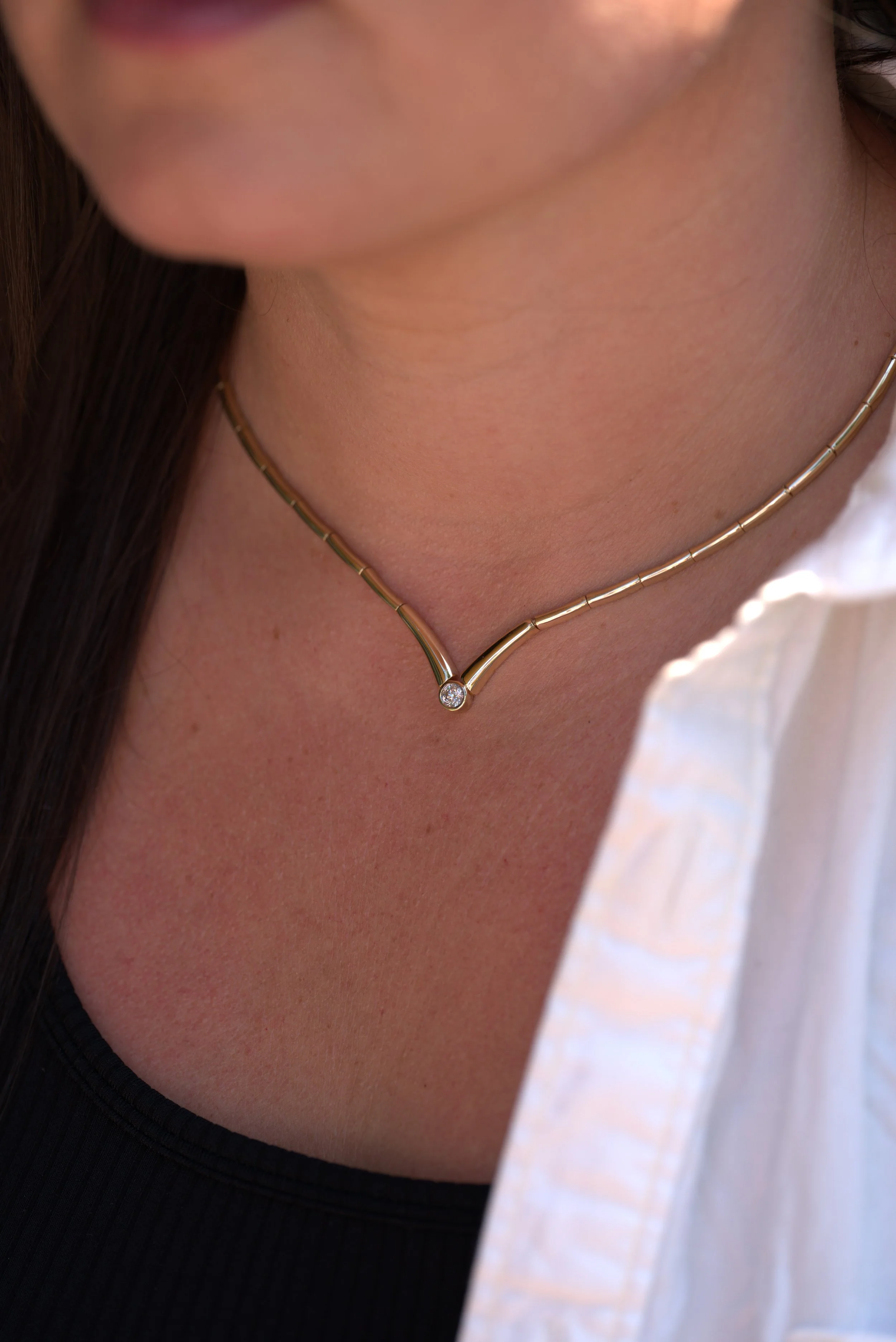 Retro 14k Bamboo link Diamond necklace
