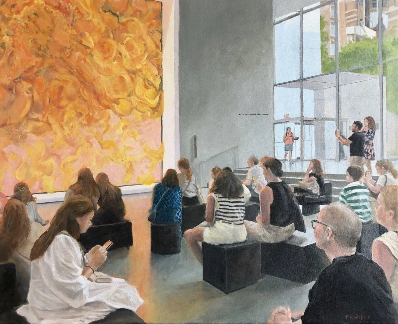 People sitting on black stools inside an art gallery watching a large abstract painting with orange, yellow, and pink hues. Some are using their phones, and others are standing or sitting in the gallery.