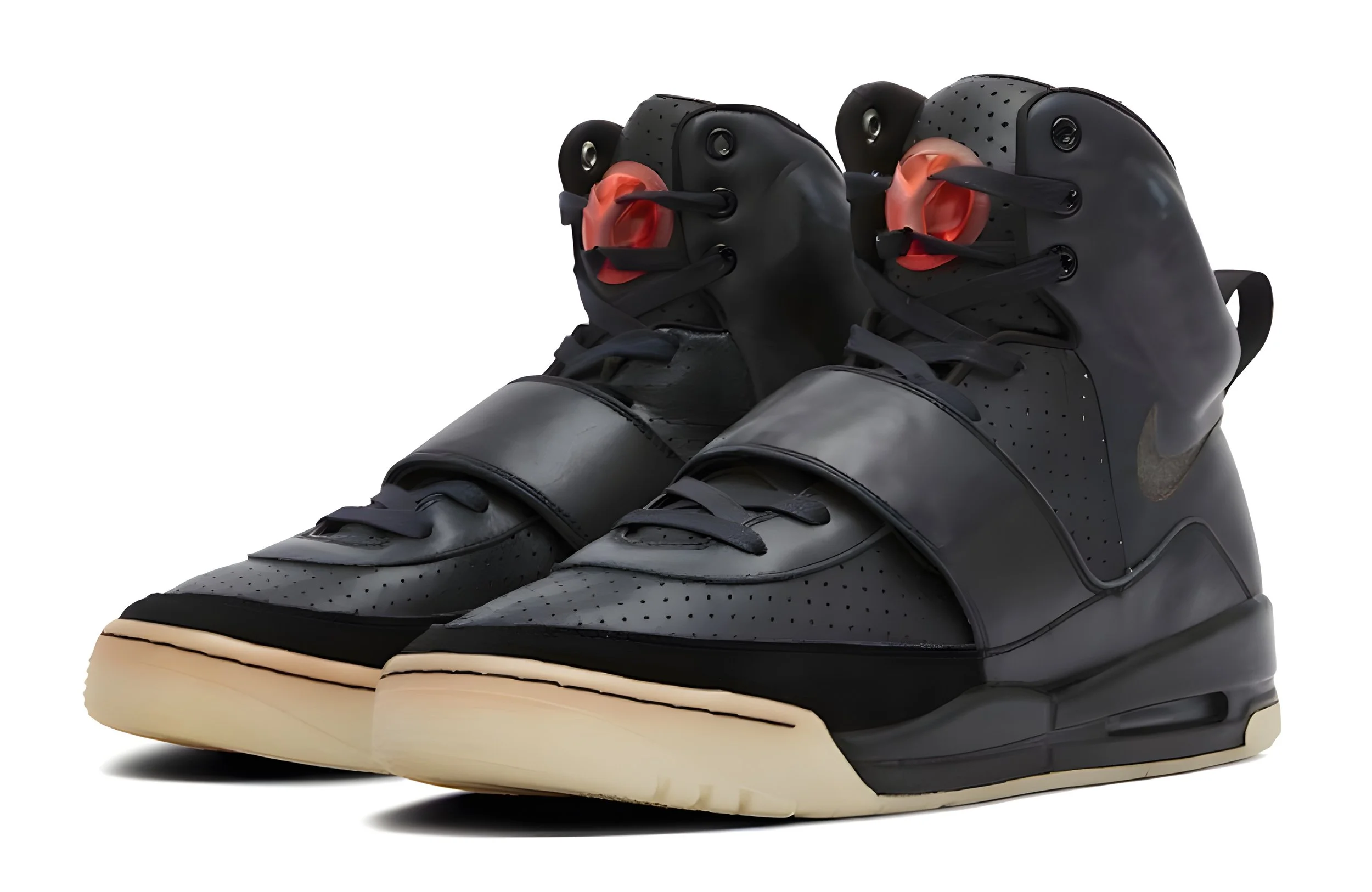 A pair of black designer sneakers with innovative lacing and layered design elements, featuring a white sole and modern aesthetic.