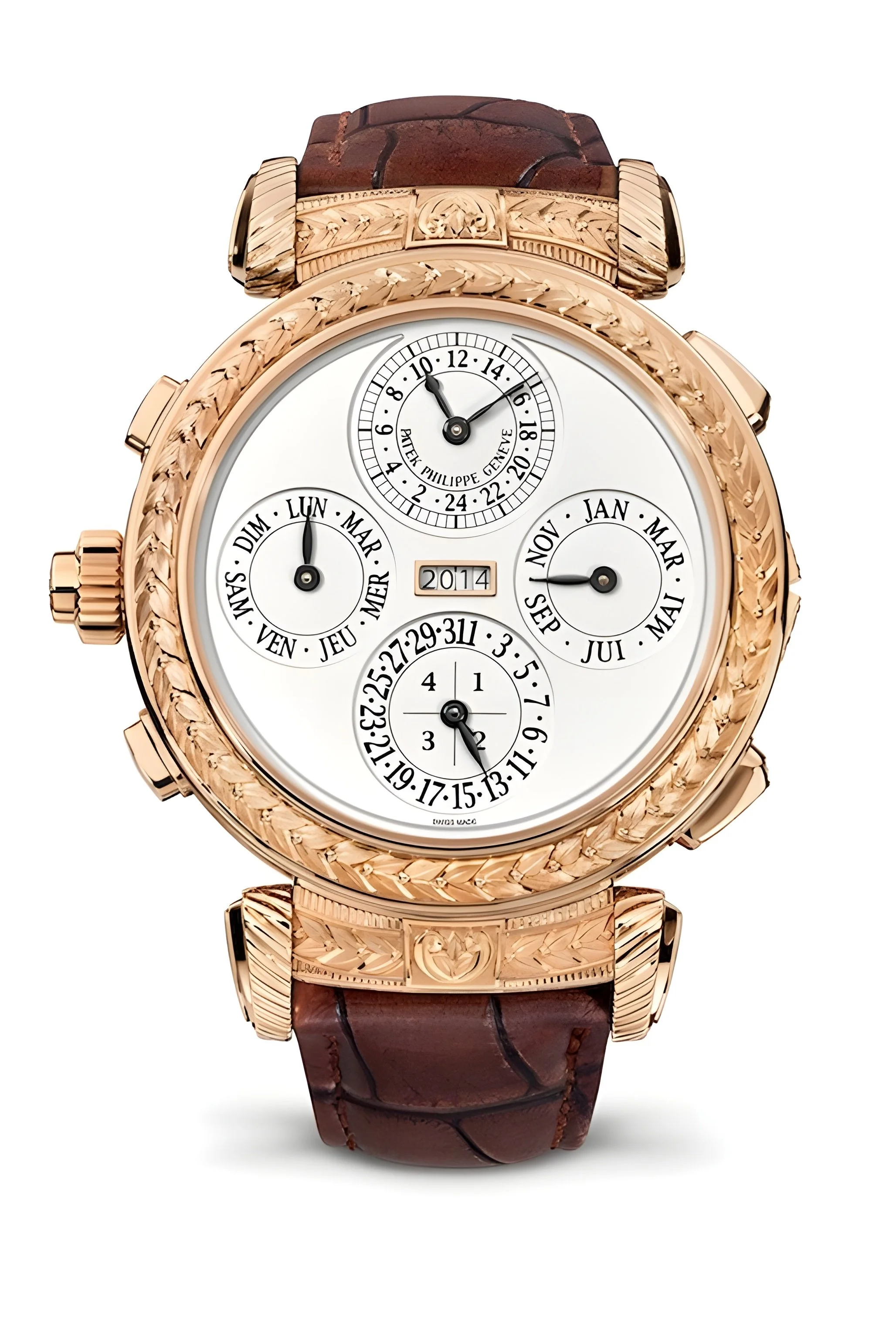 A luxury wristwatch with a round gold case, a white dial featuring multiple subdials indicating time, date, month, and year, and a brown leather strap.