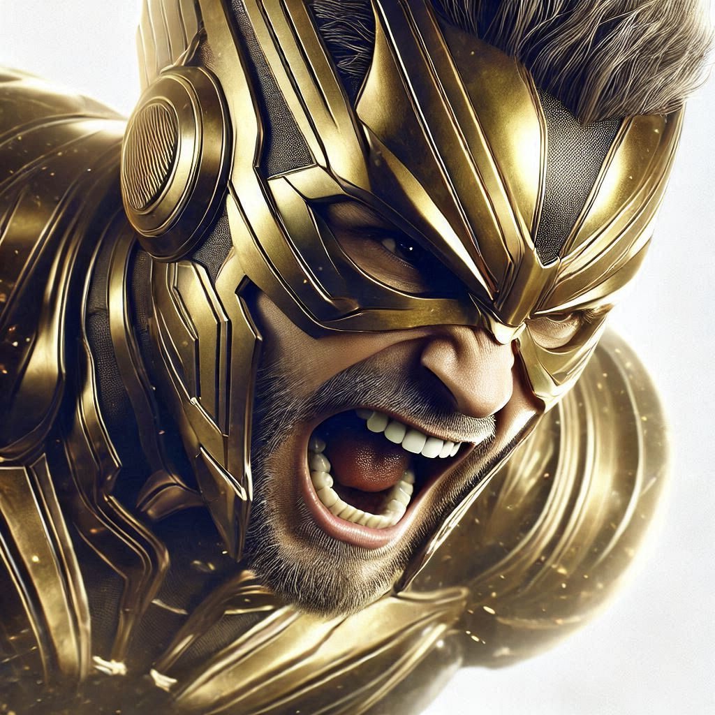 A man wearing a golden, futuristic helmet and armor, with an angry expression and mouth wide open.