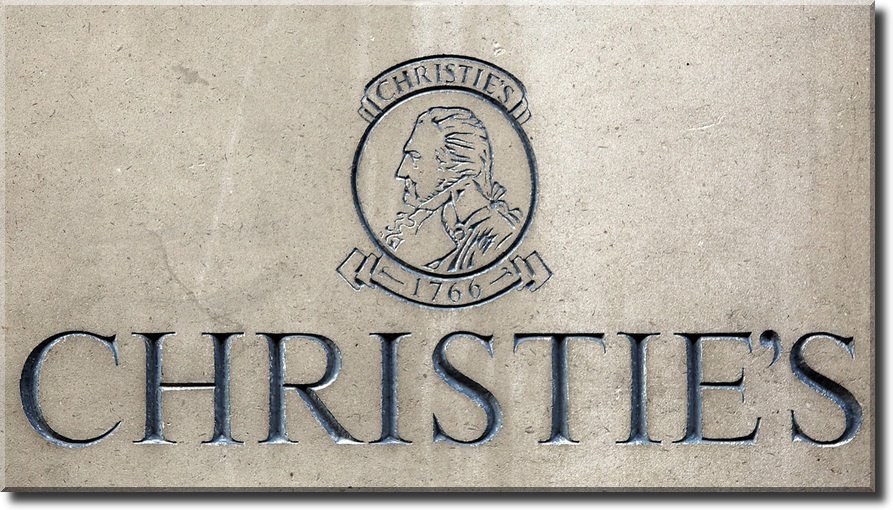 Close-up of a beige surface with the Christie's auction house logo, featuring a profile of a historic figure, and the word 'CHRISTIE'S' engraved below in large letters.