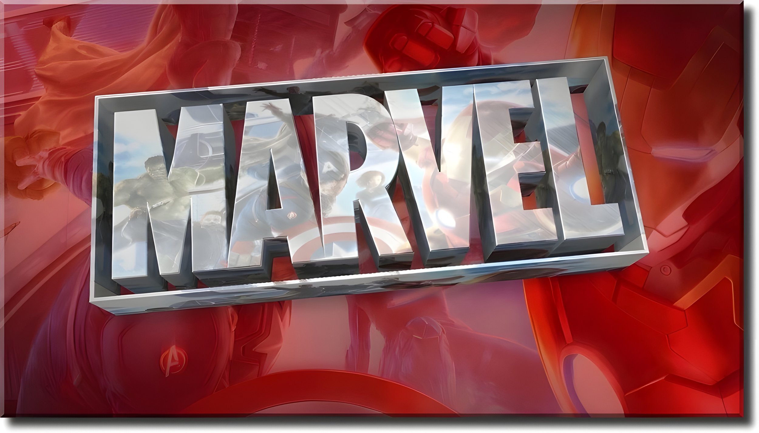 The word 'MARVEL' in metallic, three-dimensional letters with a reflective surface, set against a background featuring characters from the Marvel superhero universe, including Iron Man, Thor, and Hulk.