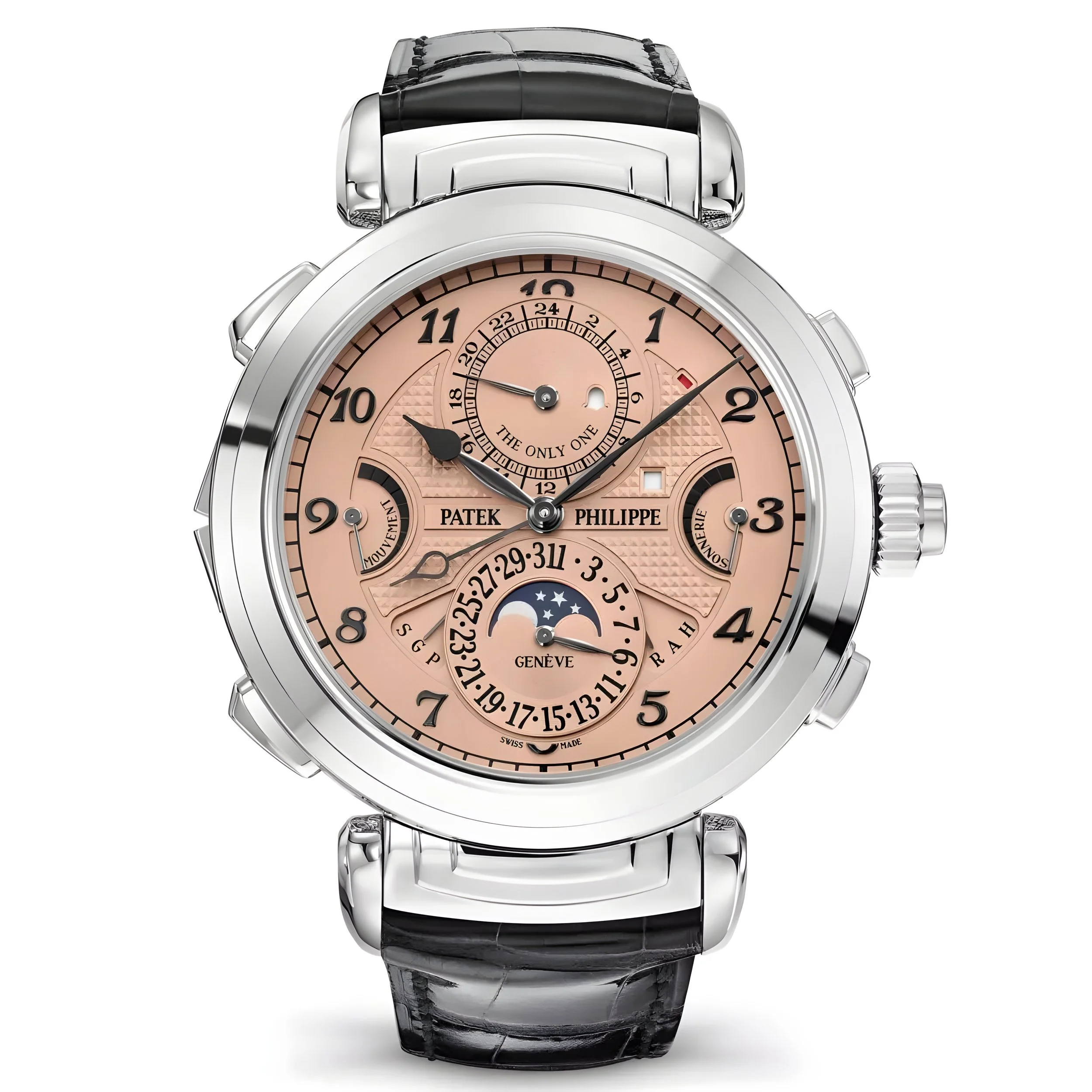 A luxury Patek Philippe wristwatch with a pink dial, black leather strap, and multiple subdials showing date, moon phase, and power reserve.