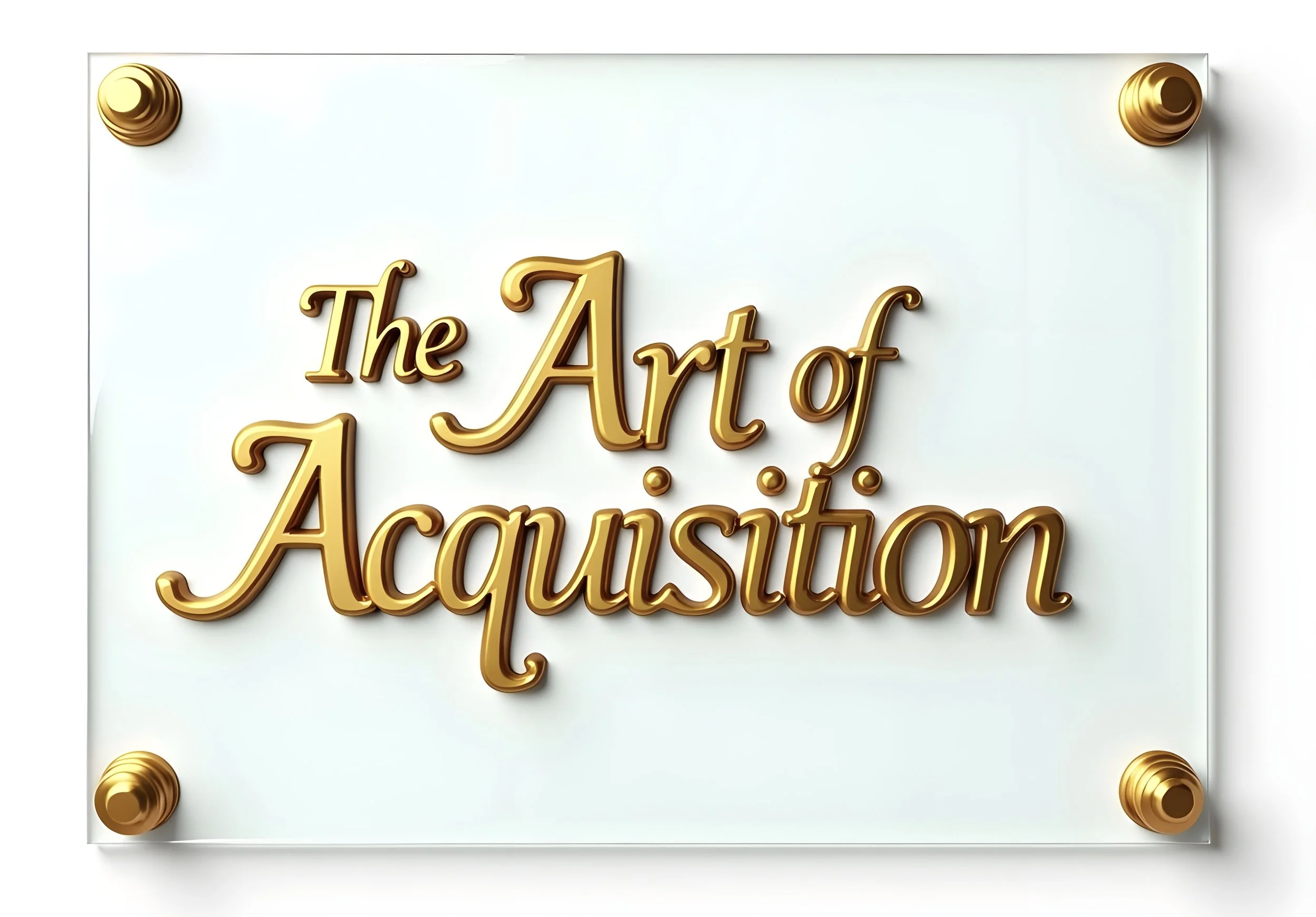 A white sign with gold text that says 'The Art of Acquisition' and gold decorative fasteners in each corner.