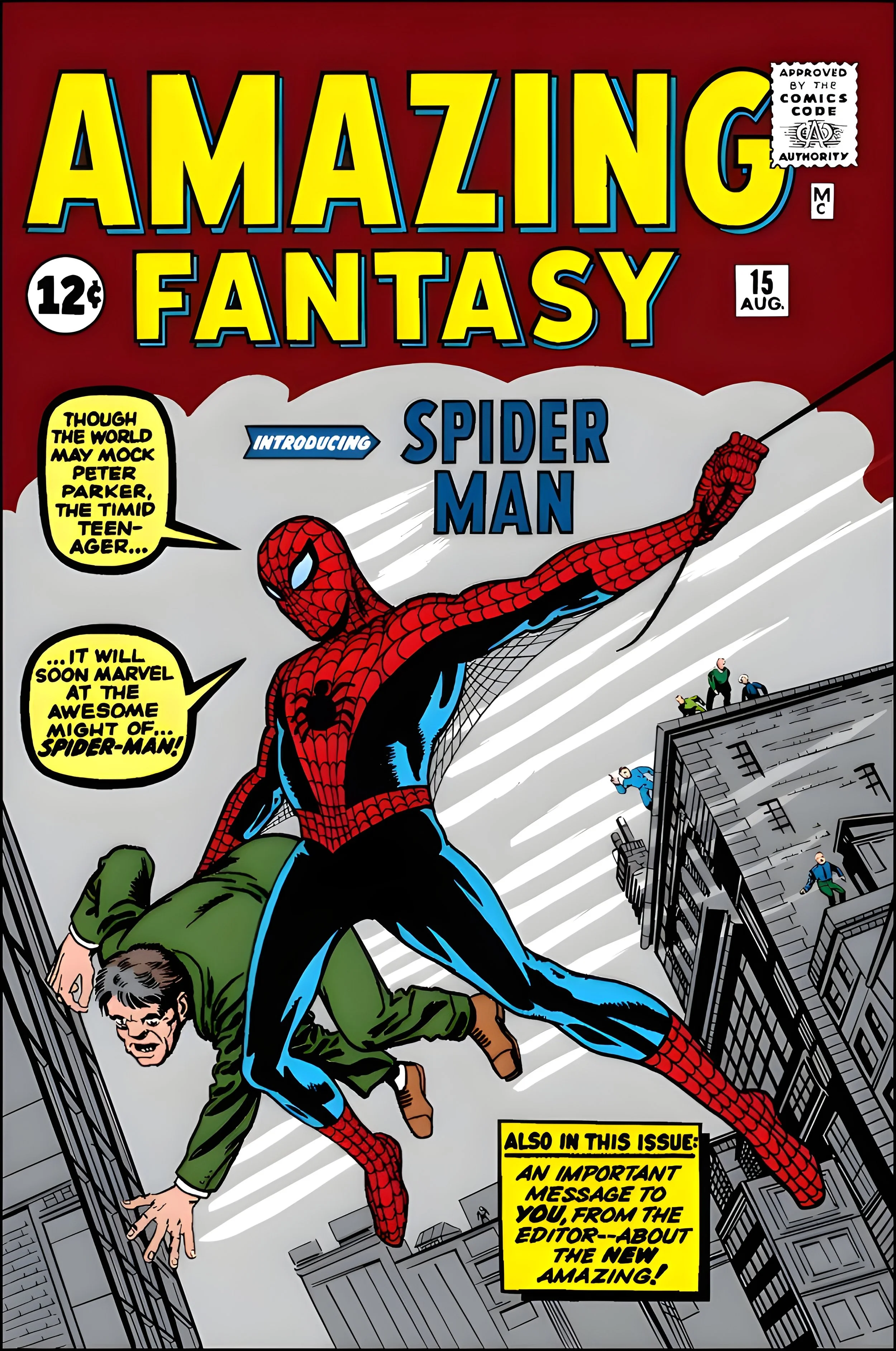 Comic book cover featuring Spider-Man swinging between buildings, saving a man from falling, with a cityscape in the background. The title reads 'Amazing Fantasy' and there are speech bubbles introducing Spider-Man.