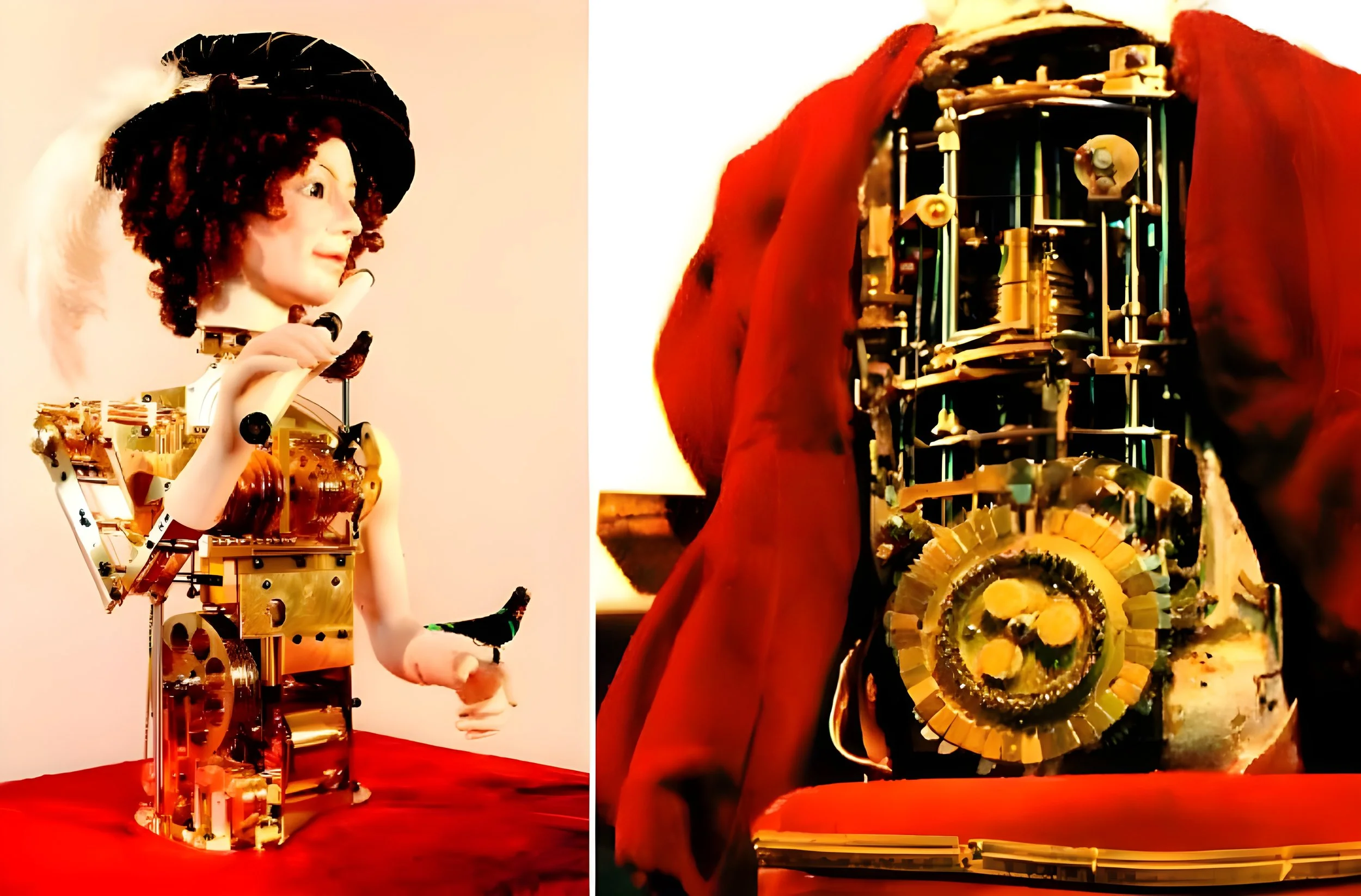 A mechanical sculpture of a woman with a detailed face, curly hair, and a hat, holding a bird, constructed with various metal and mechanical parts, displayed on a red cloth with a plain background. The right side shows the inner mechanical structure