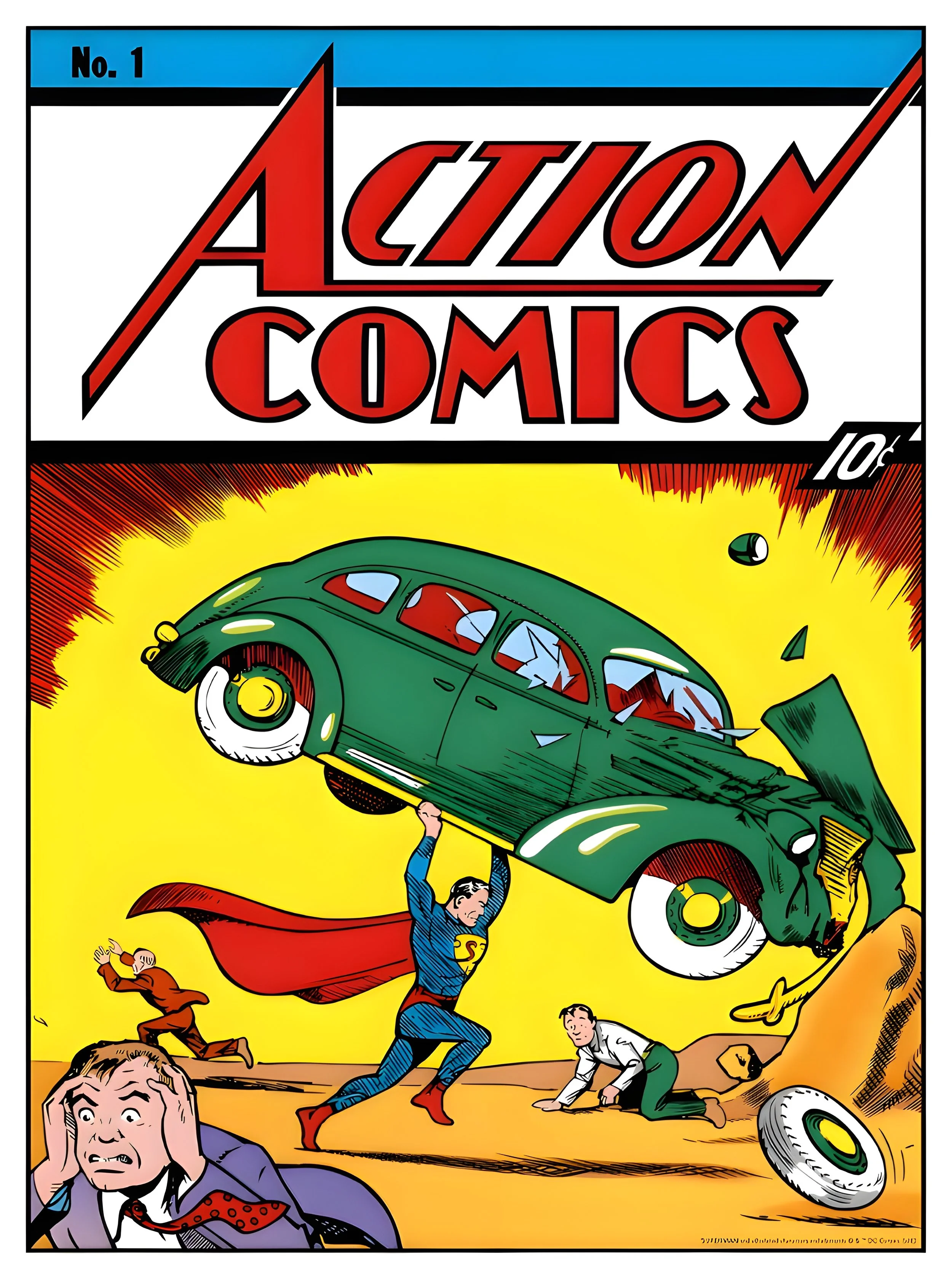 A vintage comic book cover titled 'Action Comics' featuring a superhero dressed in a blue suit with a red cape lifting a green car over his head, while other characters react fearfully and run away. The comic costs 10 cents and has a number 1 in the
