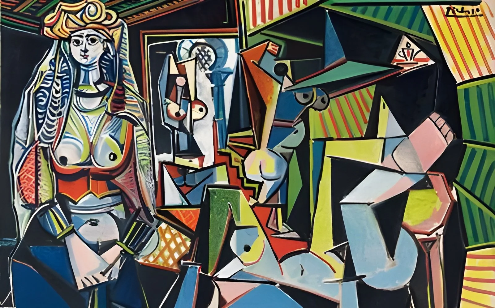 A Cubist-style painting depicting multiple abstracted figures, including a woman with long hair and bare chest, and various geometric shapes in vibrant colors.