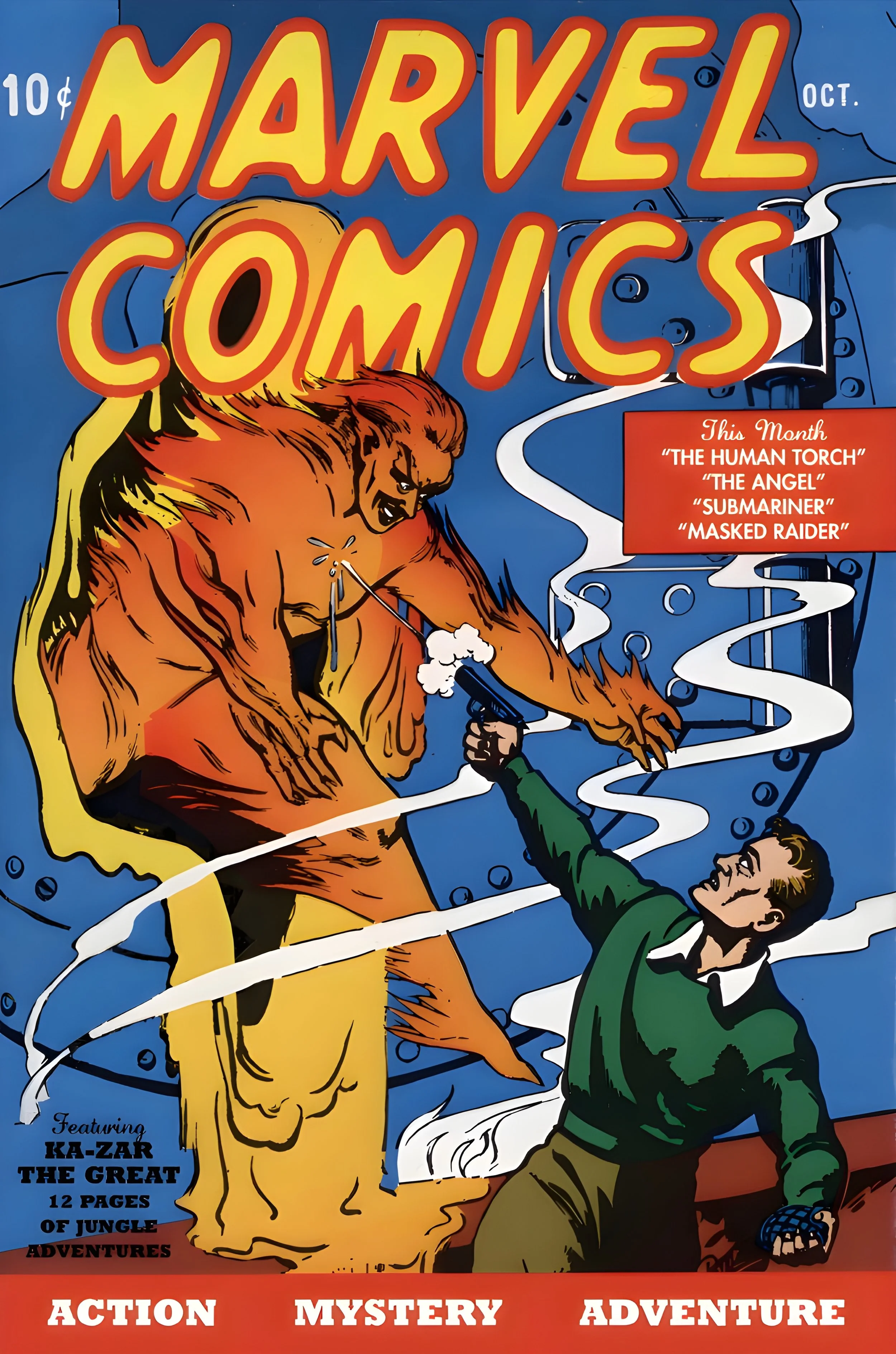 Vintage Marvel Comics cover from October featuring a man firing a gun at a large gorilla. The gorilla is angry, and the cover lists stories including The Human Torch, The Angel, Submariner, and Masked Raider. The cover highlights action, mystery, and