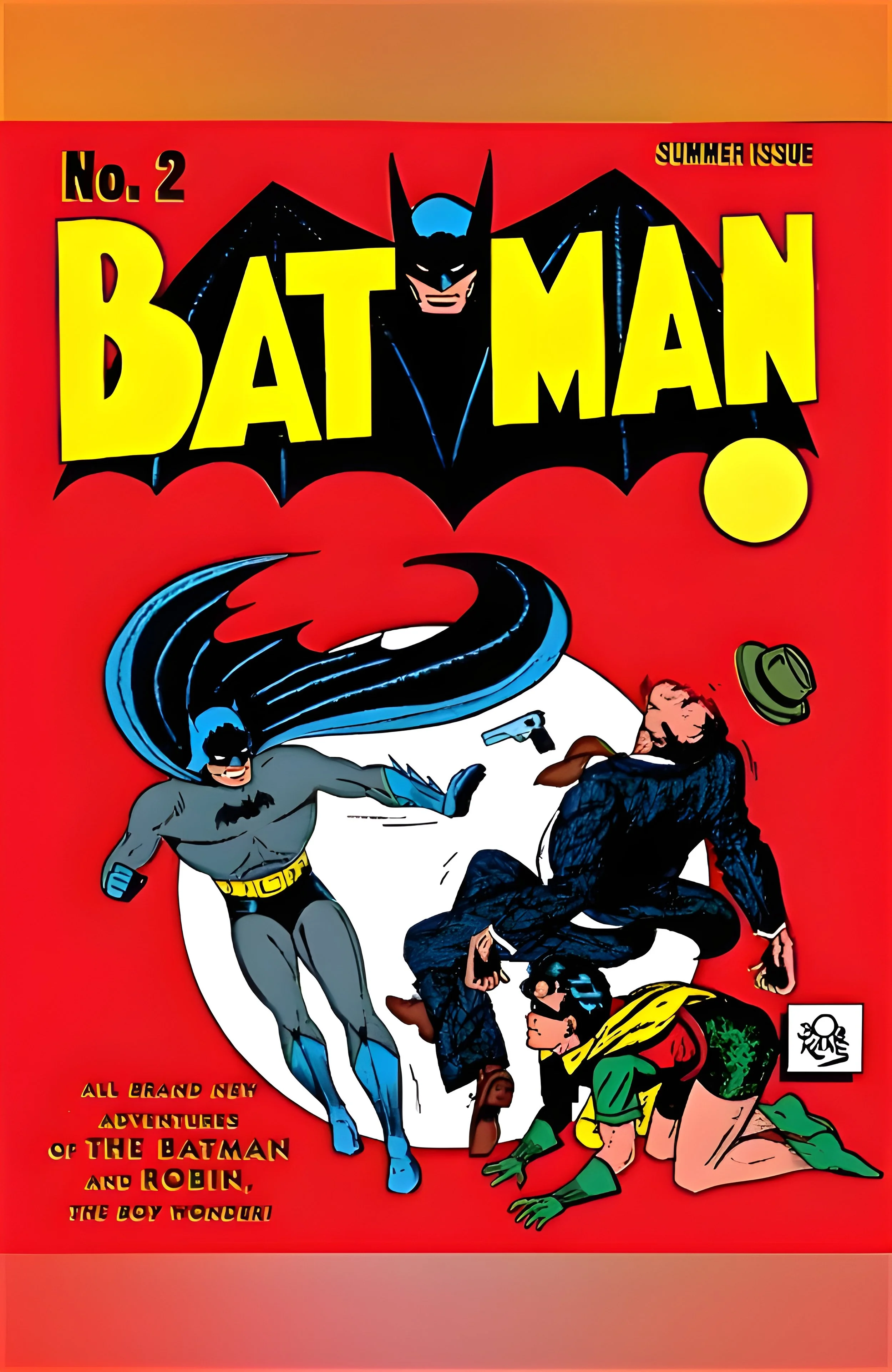 Colorful comic book cover featuring Batman battling Robin and a villain with a gun, with the title 'Batman' and text indicating it's a summer issue, No. 2.