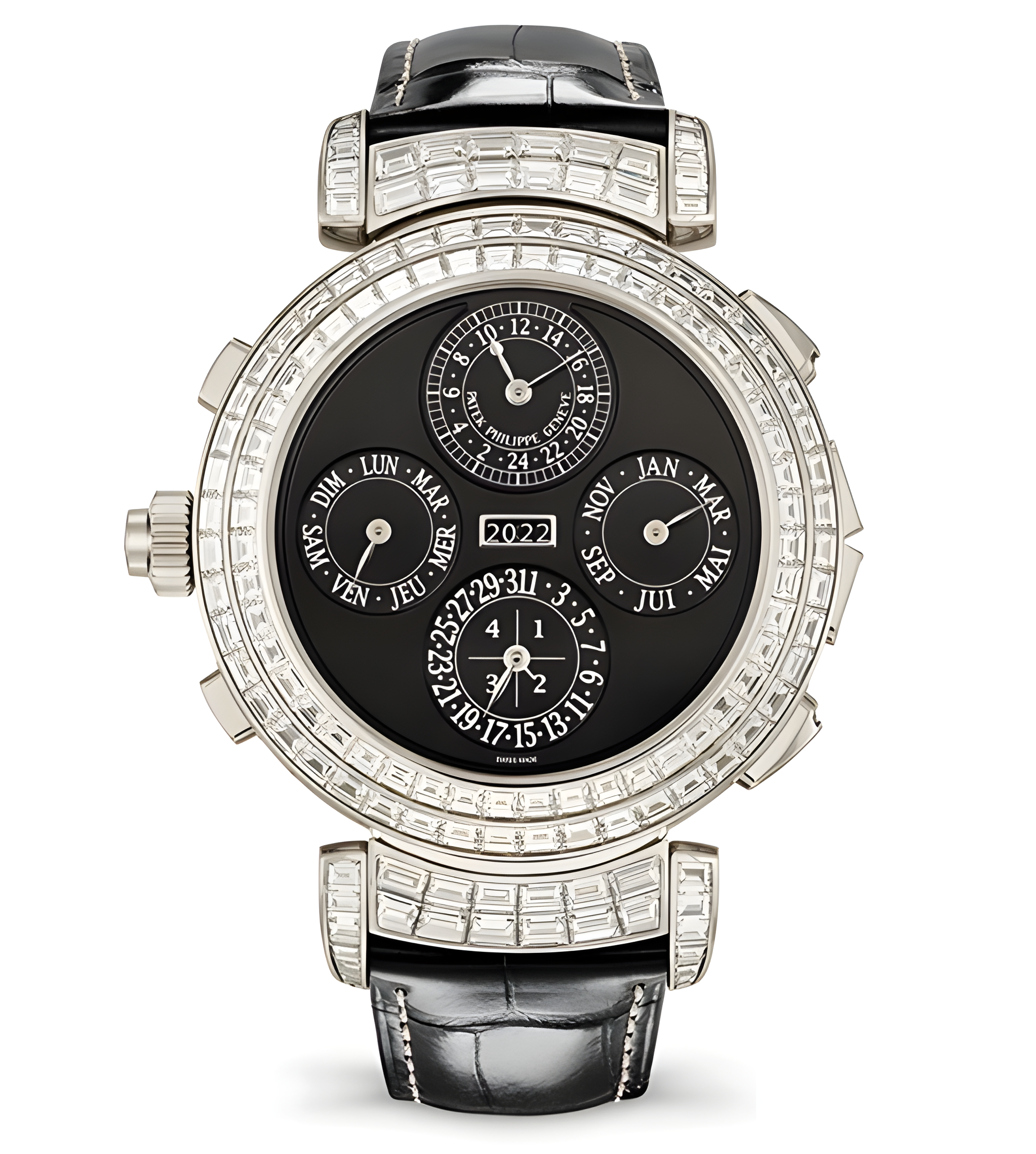 Luxury wristwatch with black dial and multiple subdials, surrounded by a diamond-encrusted bezel and lugs, with a black leather strap.