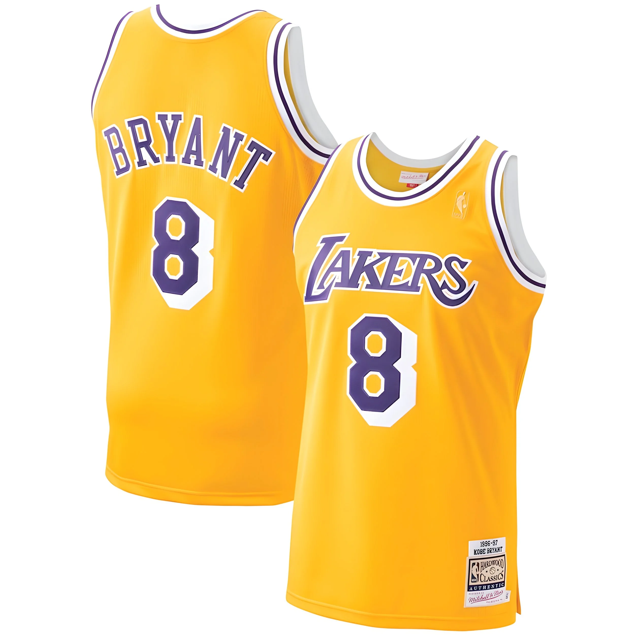 Yellow Los Angeles Lakers basketball jerseys with the number 8, one displaying the name Bryant on the back and the other showing the front with the Lakers logo.