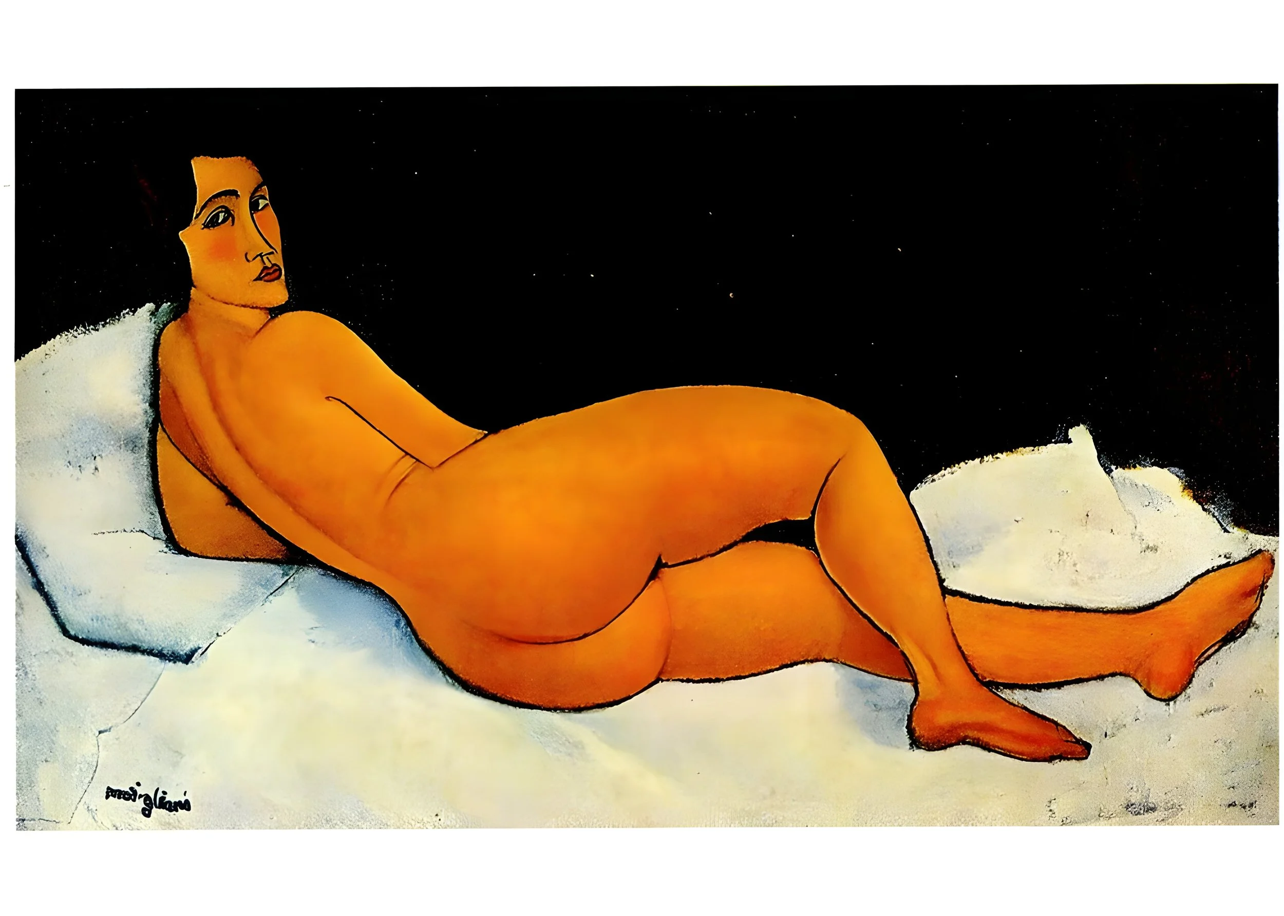 Nude woman reclining on white surface against a black background, in a modern, stylized painting.