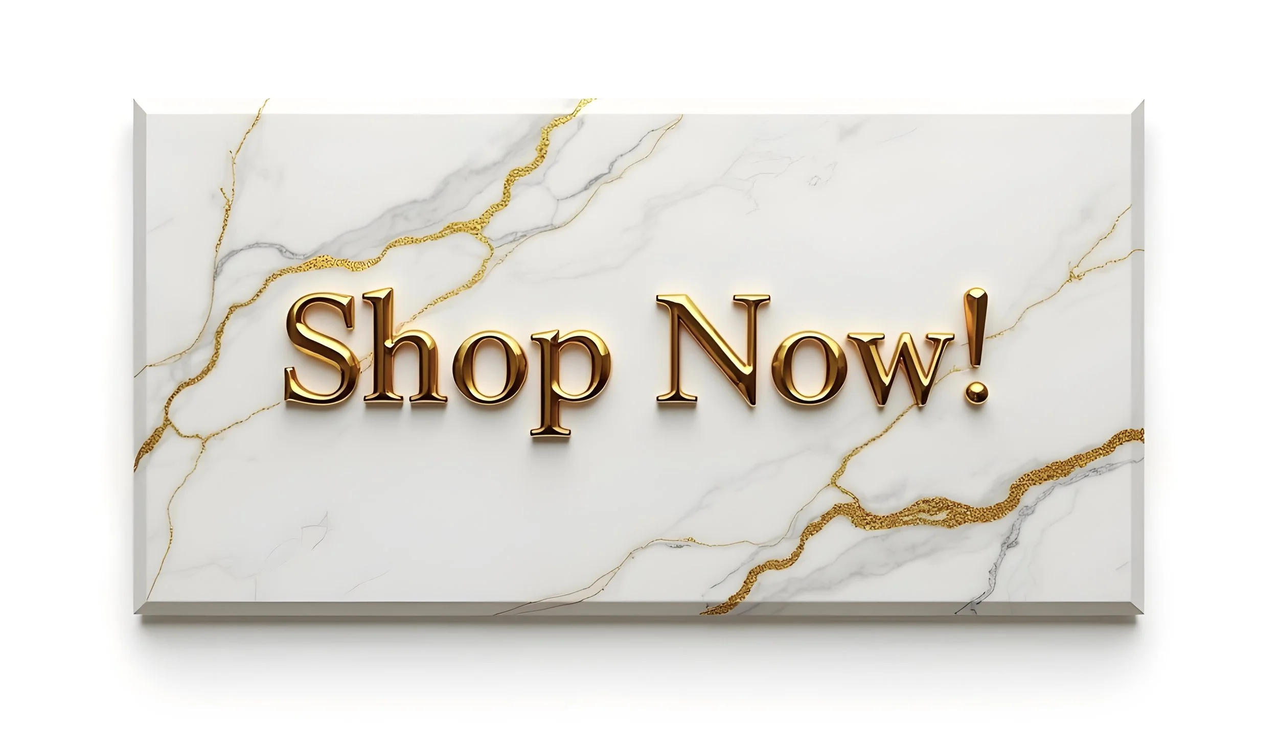 Marble sign with gold veining and the words 'Shop Now!' in large, three-dimensional gold letters.