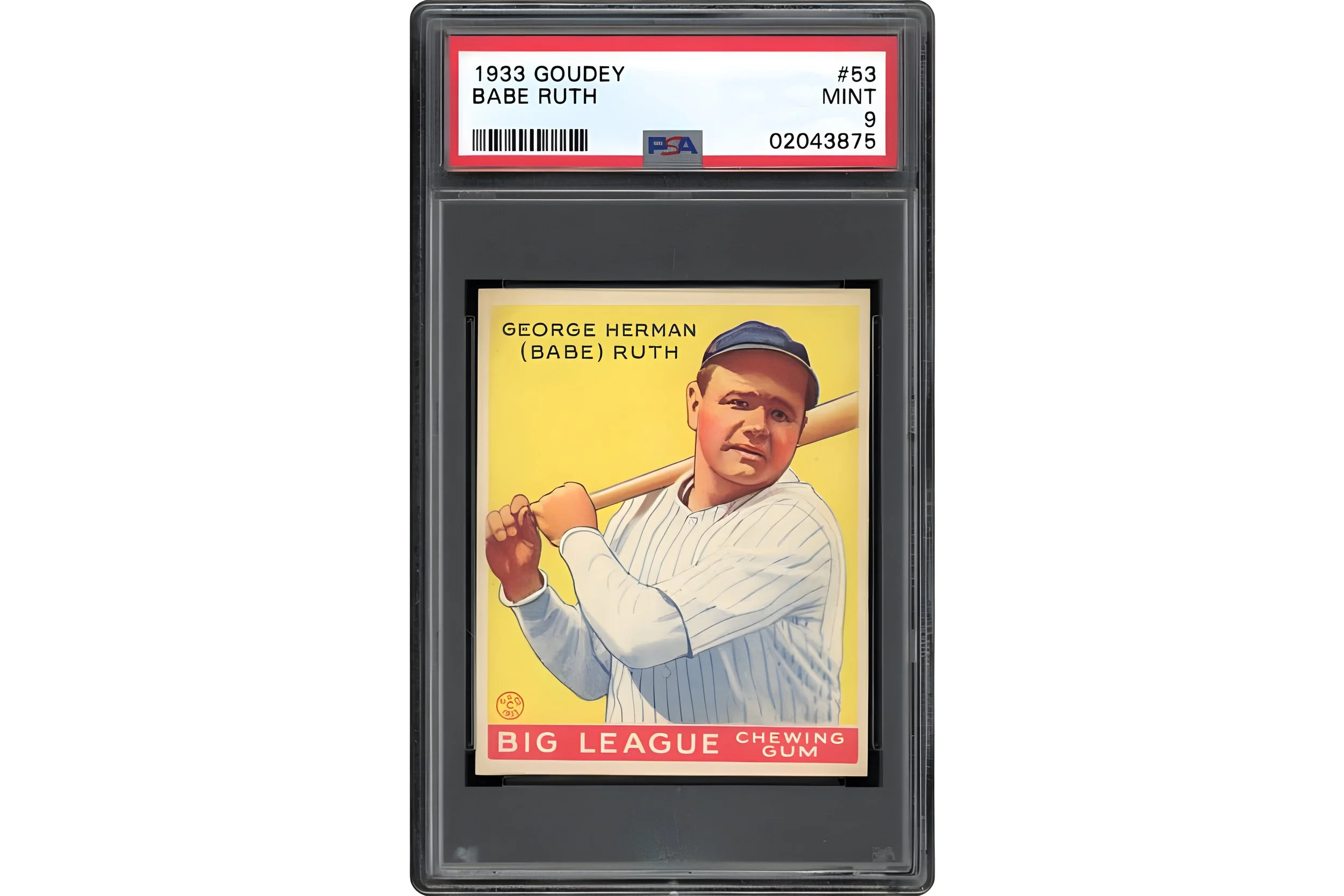 A PSA graded vintage gum card featuring Babe Ruth dressed in a baseball uniform and holding a bat, packaged in a protective case. The card includes text with Babe Ruth's name, and the label indicates it is from 1933 Goudey series number 53, and it is