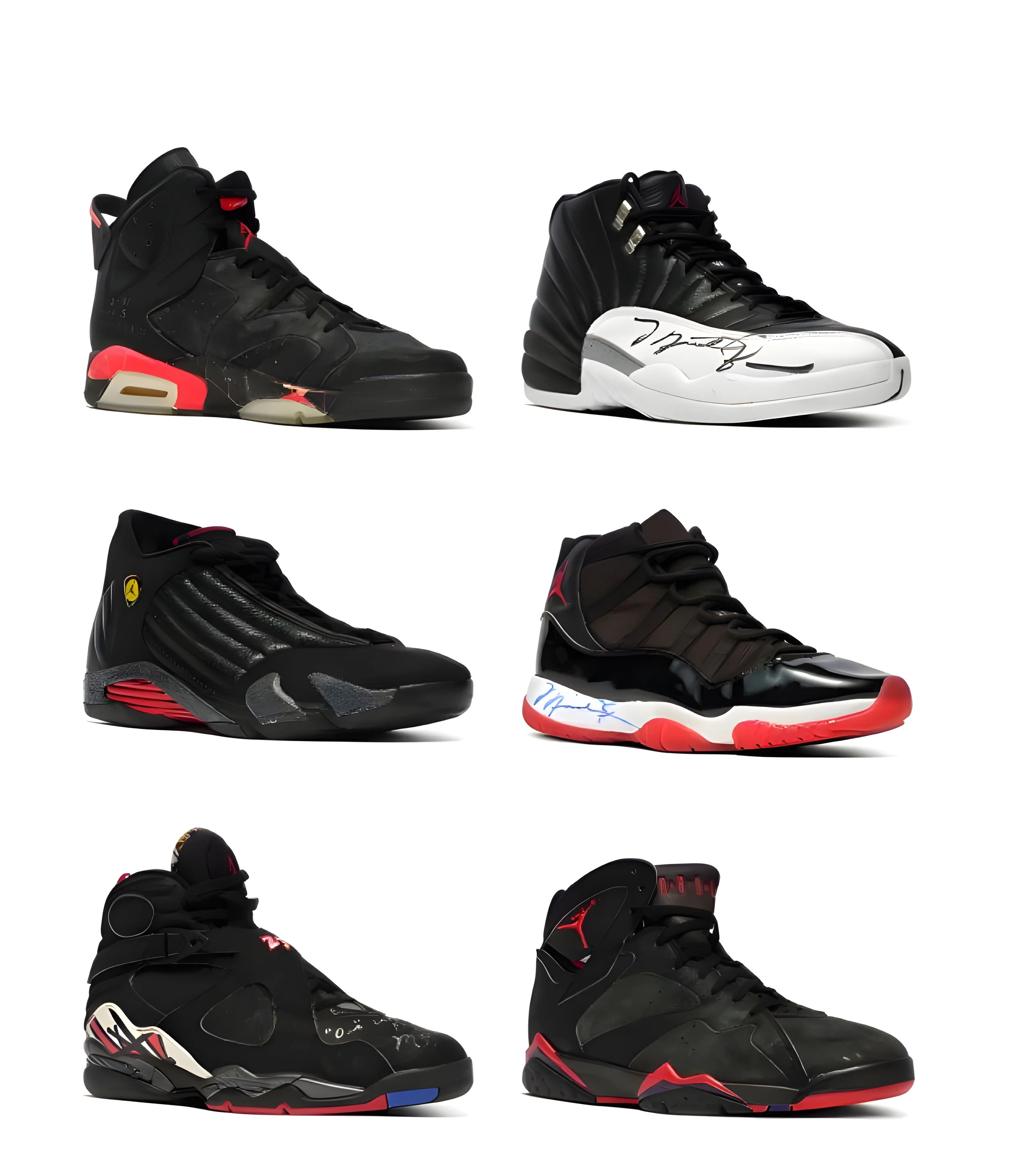 Collection of six pairs of black and white high-end sneakers with red accents, various designs, some with signatures, on a white background.