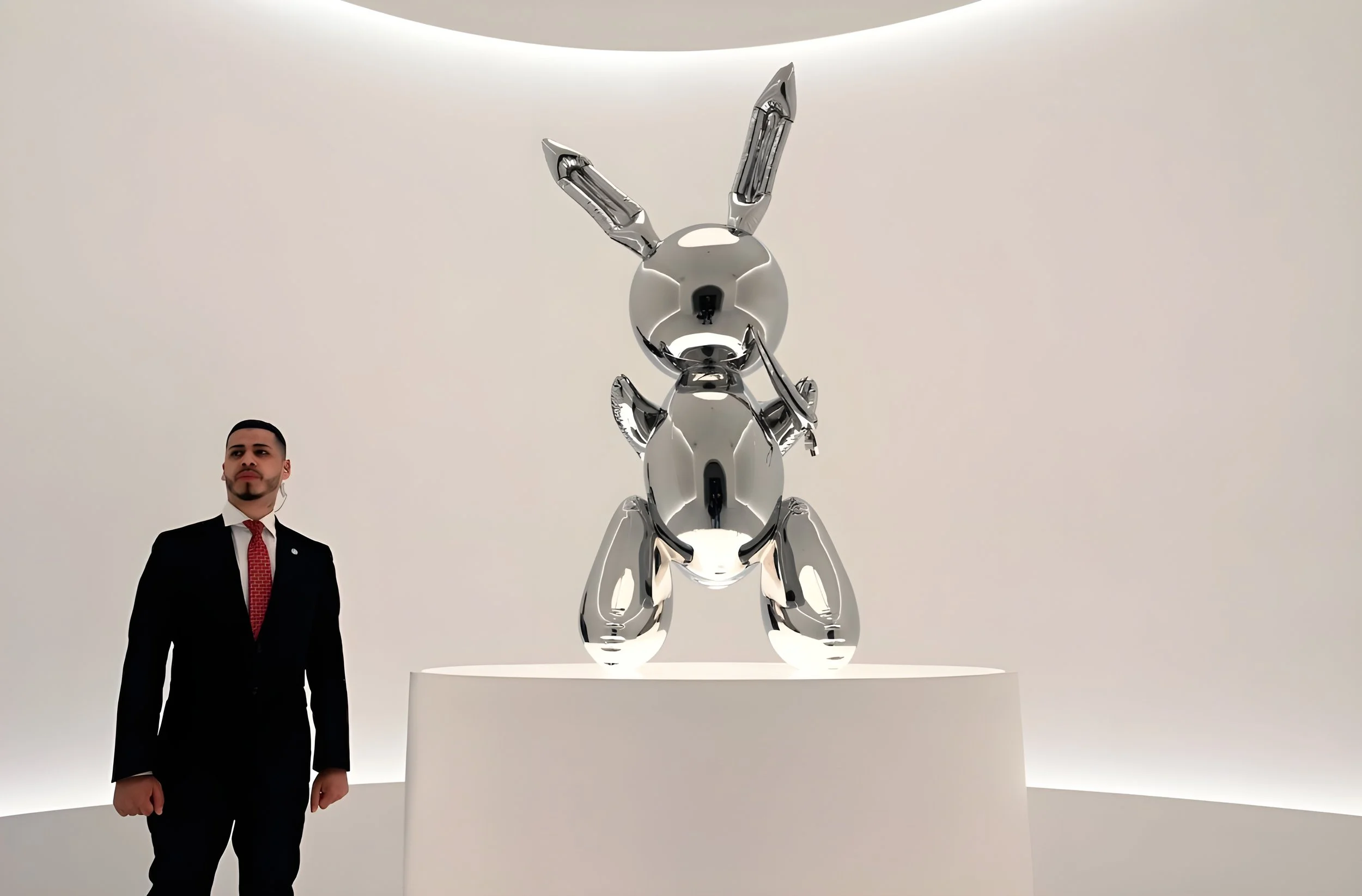 A man in a black suit and red tie standing next to a shiny, reflective sculpture of a rabbit on a white pedestal in a minimalist gallery setting.