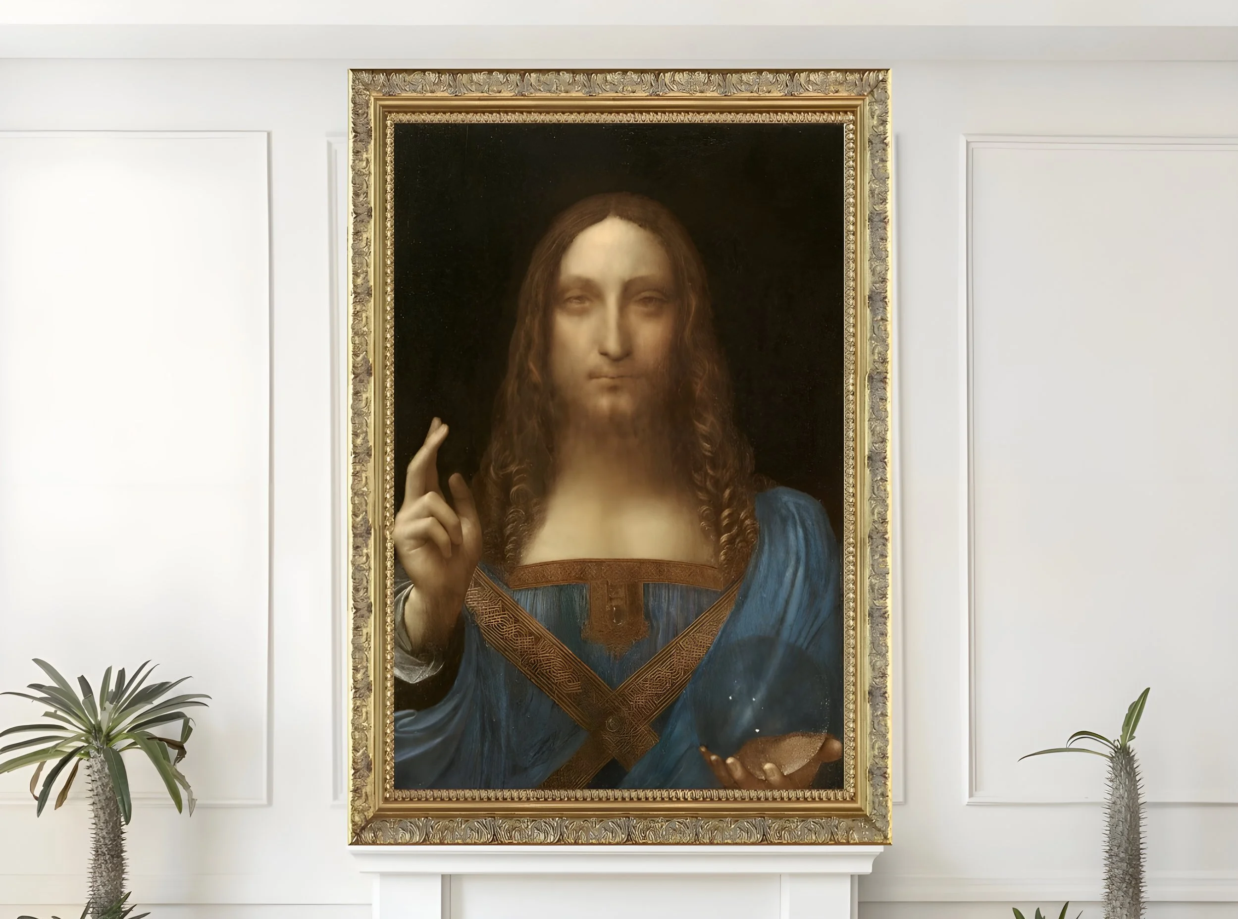 Large framed painting of Jesus Christ surrounded by white walls and plants.