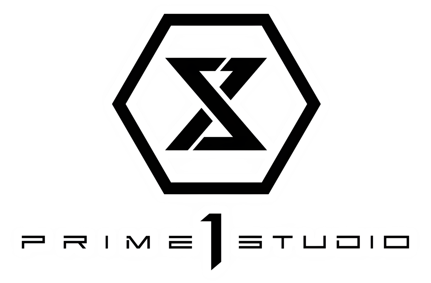 A black and white logo featuring a hexagon with geometric shapes inside and the text 'Prime Studio' beneath it.