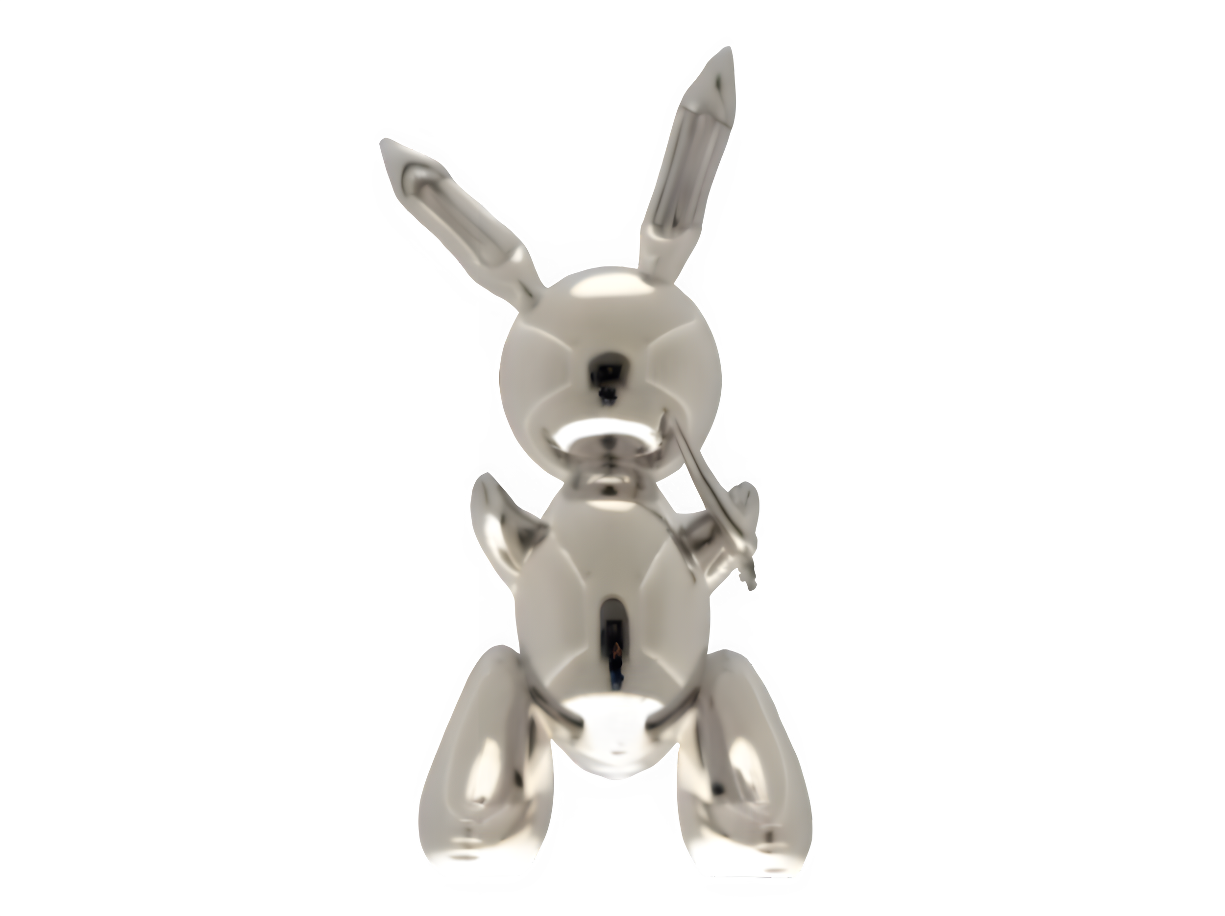 Reflective silver rabbit figurine with large ears and a bowtie, standing on its hind legs against a black background.