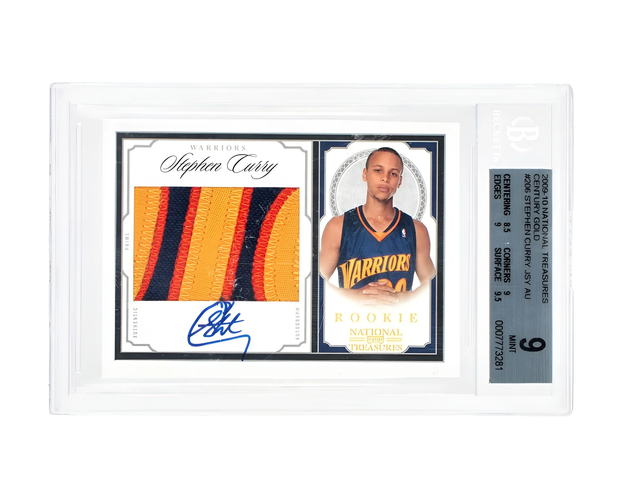 Basketball trading card of Stephen Curry with an autograph and a fabric patch, encased in a plastic holder, with a photograph of him in a Golden State Warriors uniform and descriptive information on the right side.