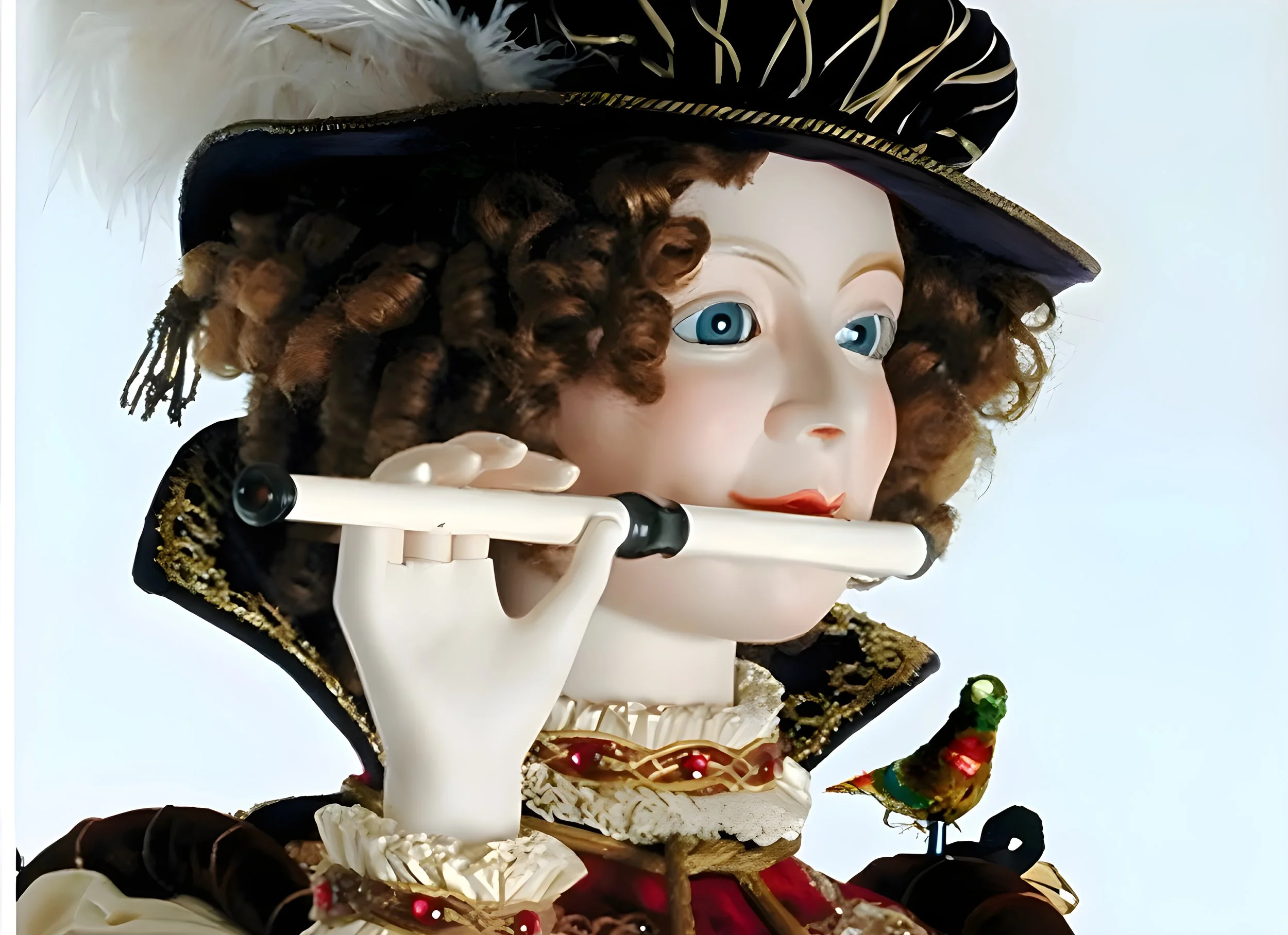 A life-sized puppet of a girl with blue eyes and brown curly hair, wearing a black hat with feathers and gold embellishments, playing a white flute, with a small colorful bird figurine nearby.