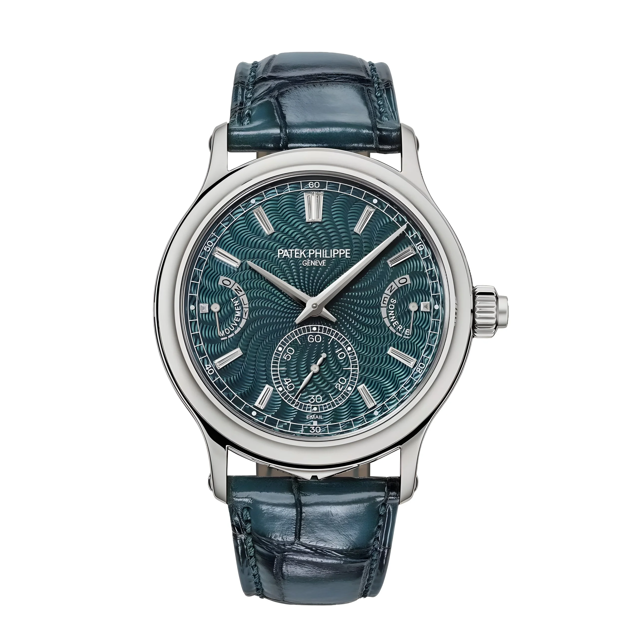 A luxury Patek Philippe wristwatch with a blue textured dial, silver hands, and markers, featuring subdials and a blue leather strap.