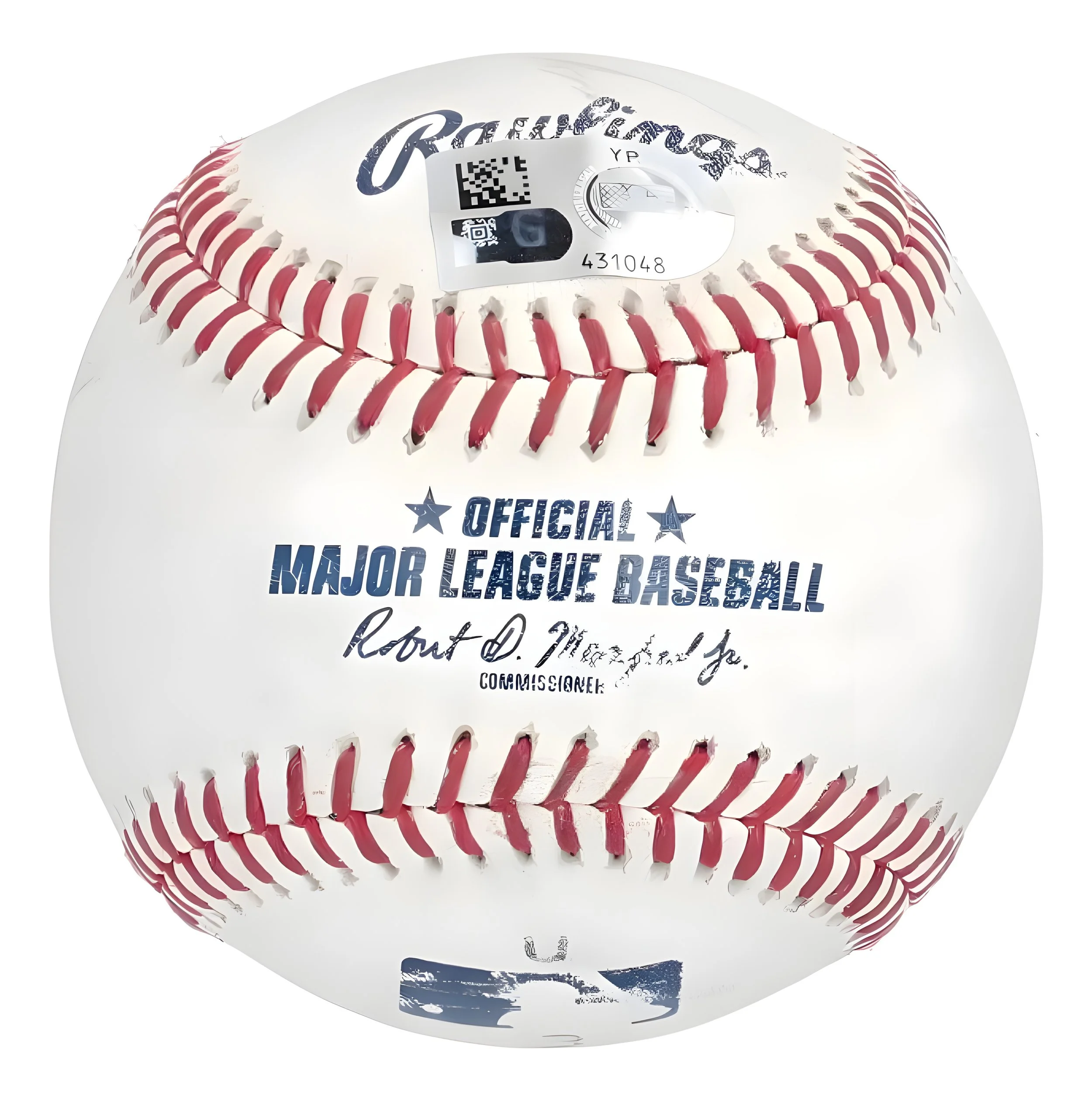 Official Major League Baseball with red stitching and printed text including a QR code and signatures.