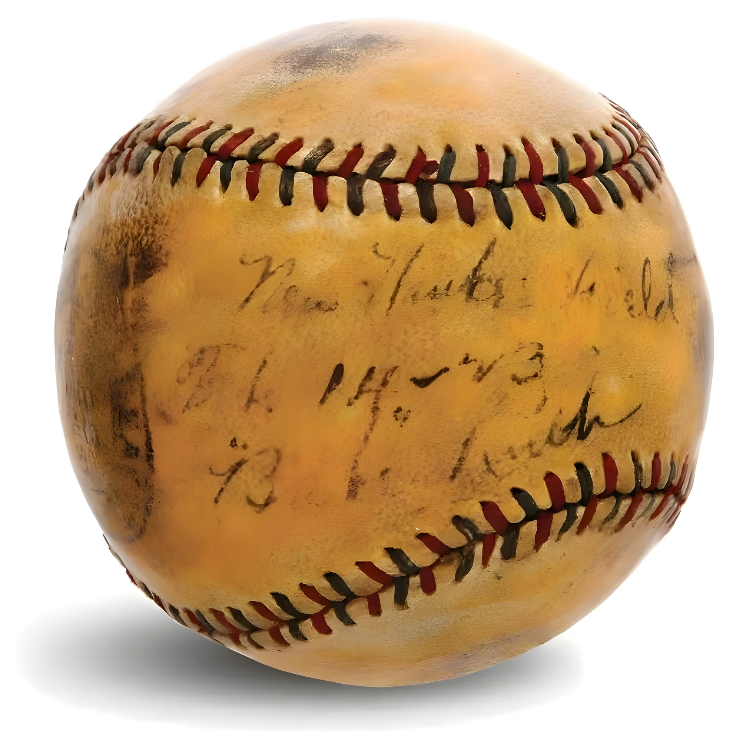 An old, yellowed baseball with handwritten faded signatures on its surface.