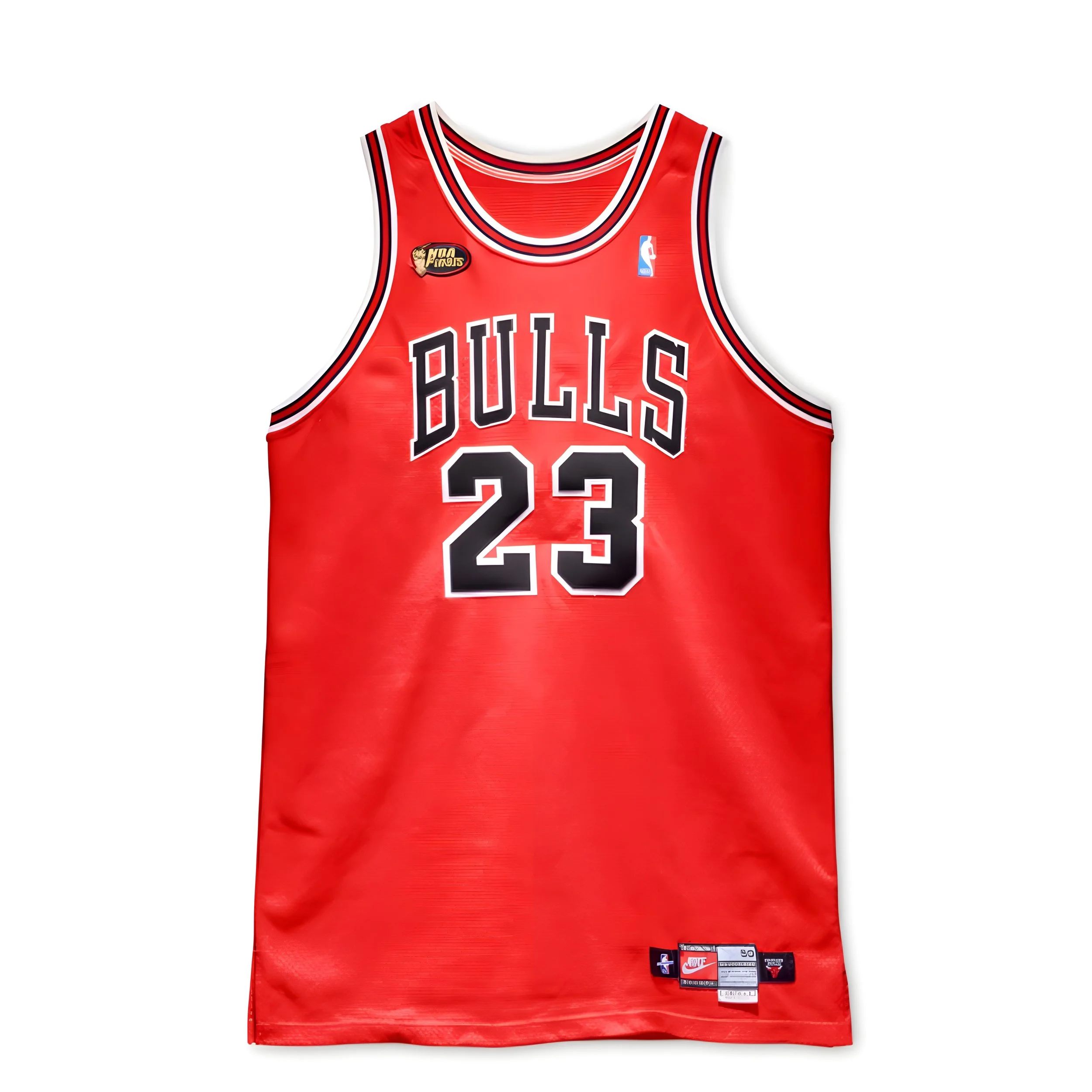 Red Chicago Bulls basketball jersey with the number 23 and the NAME 'BULLS' on the front.