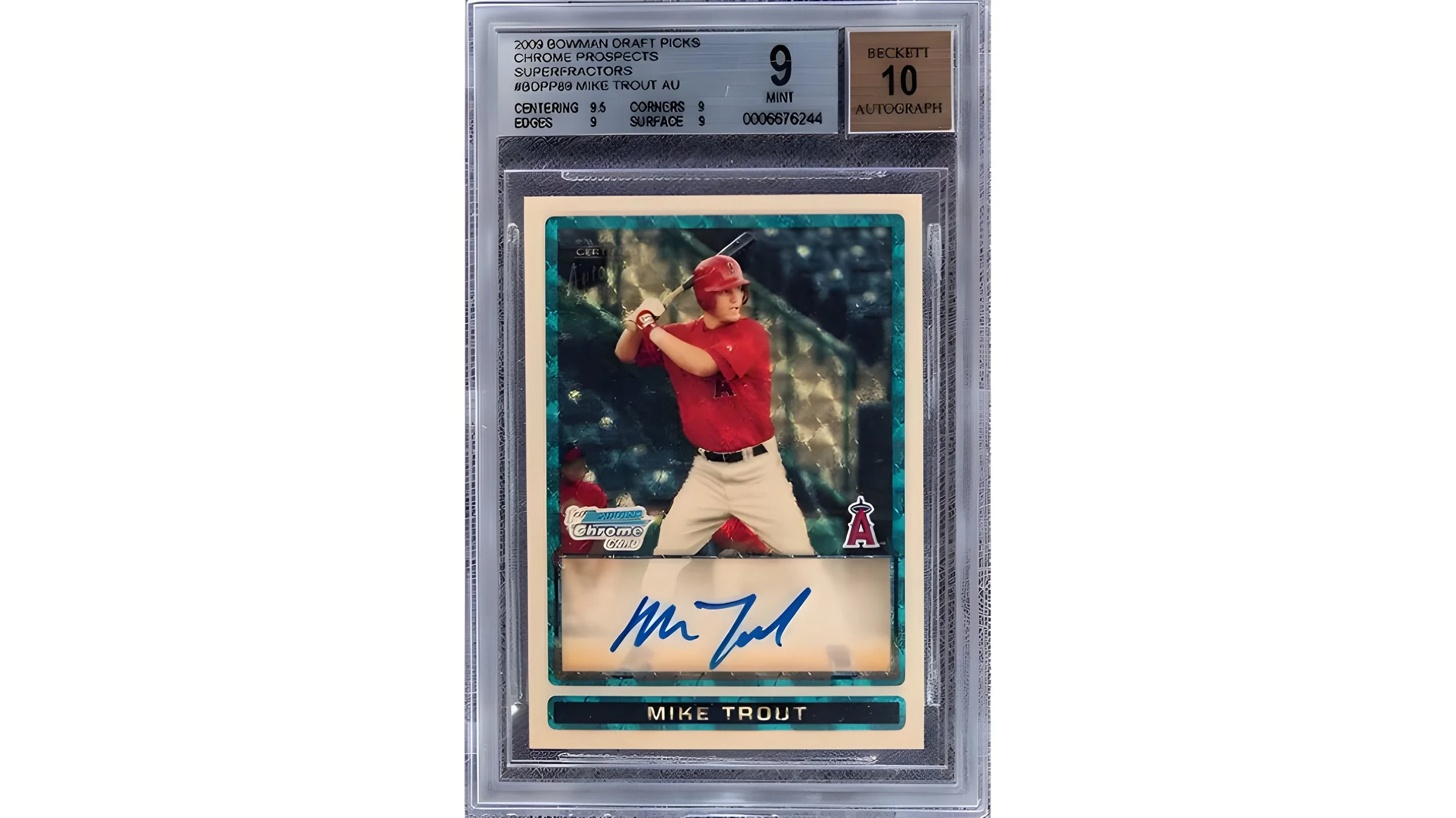 A Mike Trout baseball trading card encased in a clear plastic slab with a Beckett autographed label. The card features a young baseball player in a red uniform holding a bat, with holographic accents and a signature at the bottom.