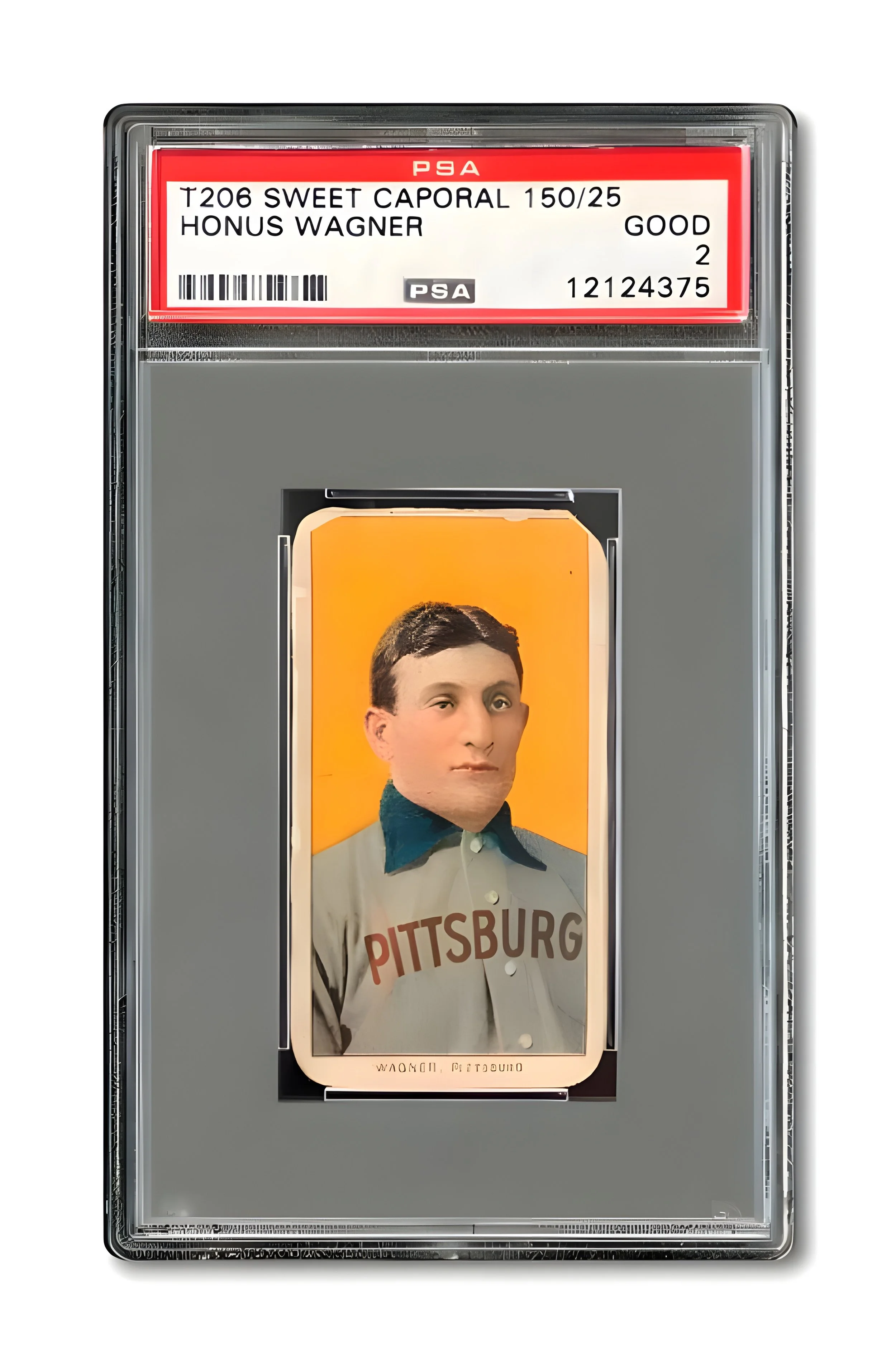A smartphone displaying a vintage-style portrait of a man in a gray shirt with a 'Pittsburgh' sign, inside a plastic case resembling a certified ID or license, with a red and white PSA label at the top.