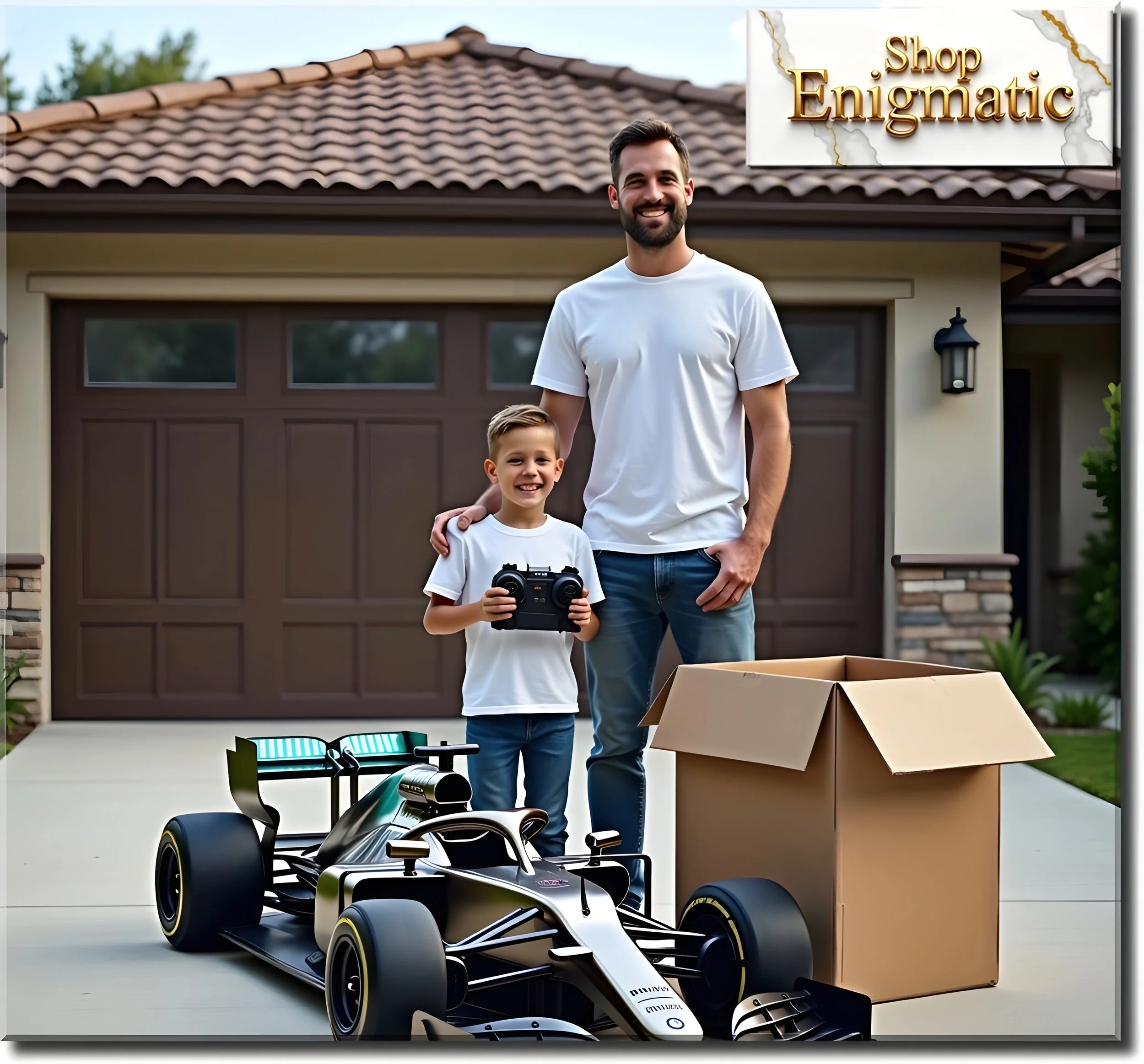 A man and boy smiling in front of a garage, with a racing car toy and an open cardboard box nearby. The boy is holding a remote control, and the man has his arm around the boy's shoulder.