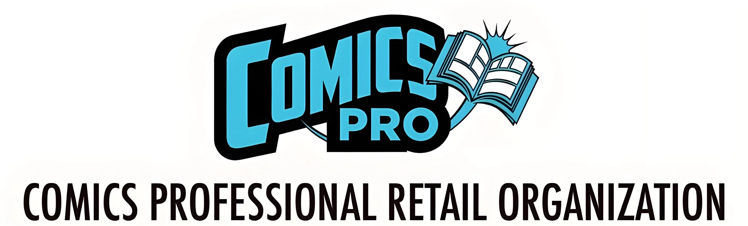 Logo of the Comics Pro organization with blue and black text and an open comic book graphic. The text reads "COMICS PRO" with the subtitle "COMICS PROFESSIONAL RETAIL ORGANIZATION."